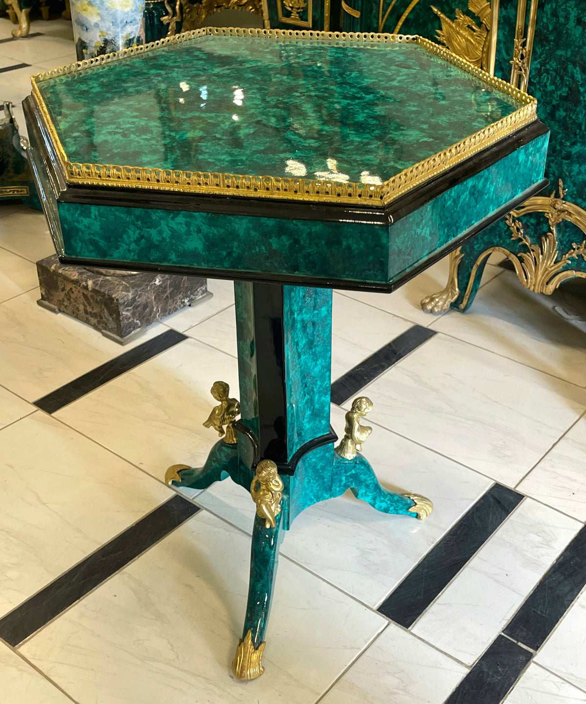 French-Inspired Geometric Center Table – Green Marbled Finish, Gold Leaf Trim & Sculptural Gilded Details