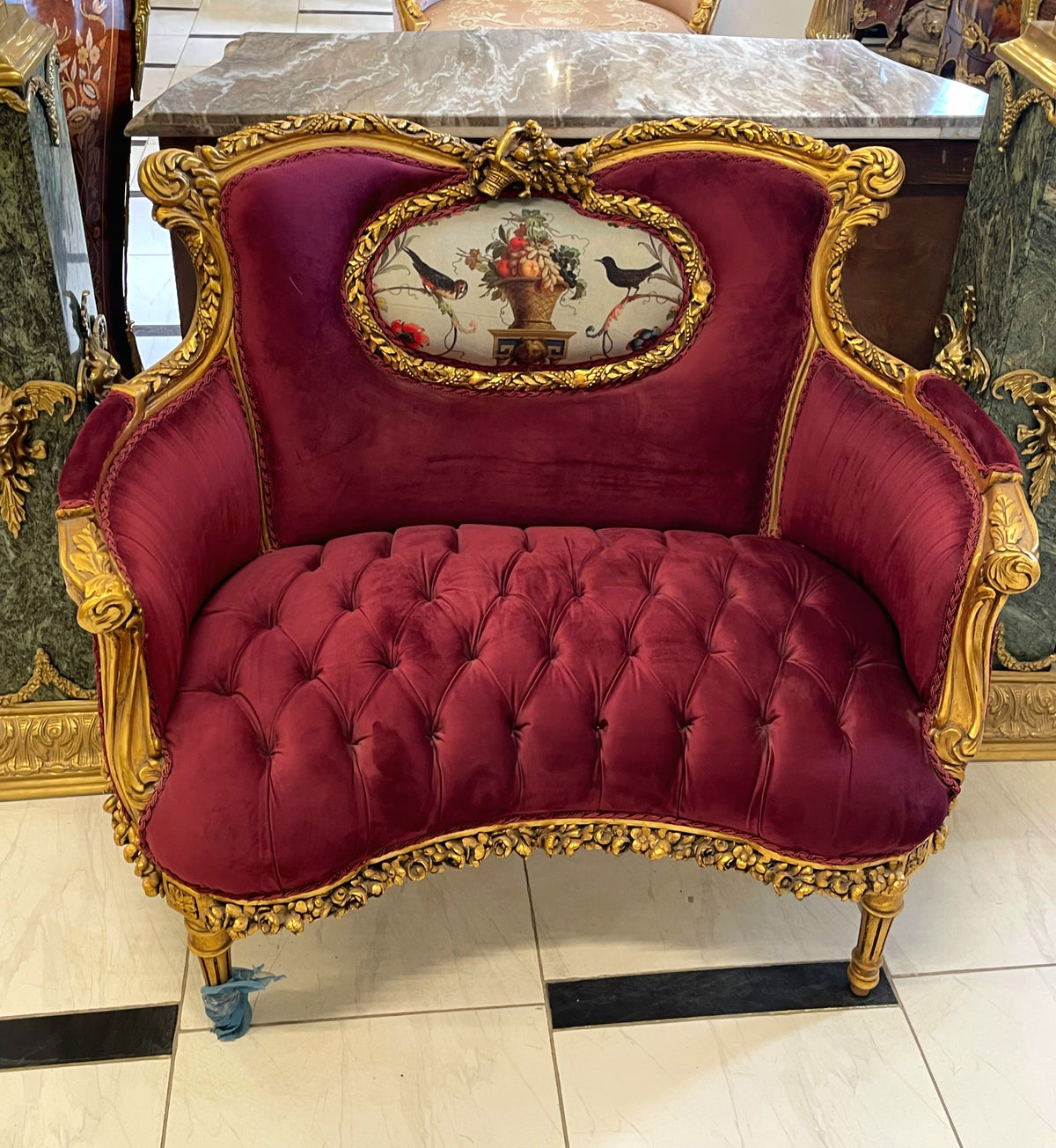 French Rococo Settee – Burgundy Velvet Upholstery with Ornate Gilded Louis XV Frame