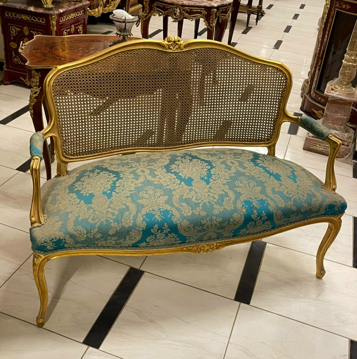 French Louis XV-Style Settee – Turquoise Blue Damask Upholstery, Gold Leaf Frame & Cane Backrest