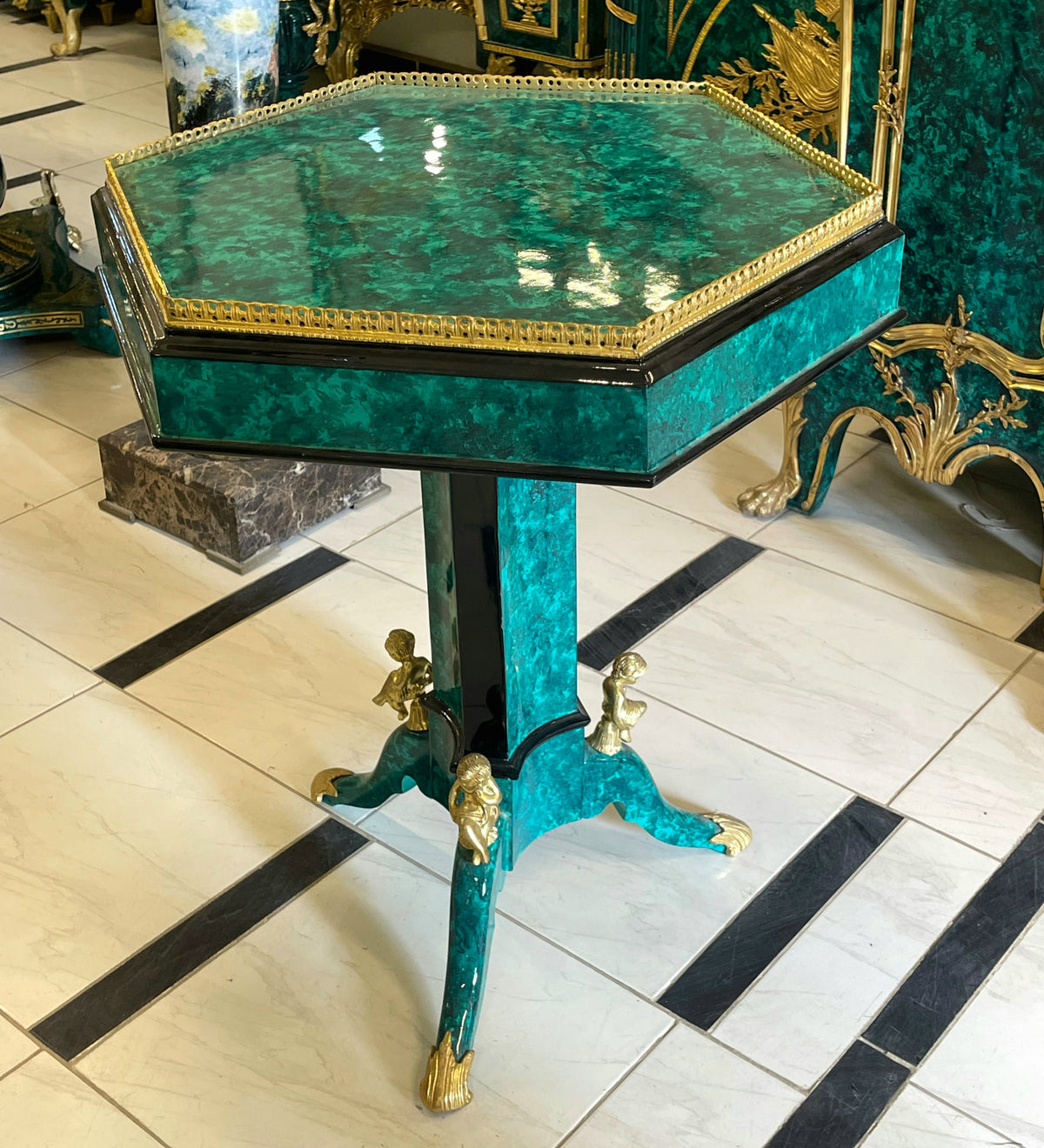 French-Inspired Geometric Center Table – Green Marbled Finish, Gold Leaf Trim & Sculptural Gilded Details
