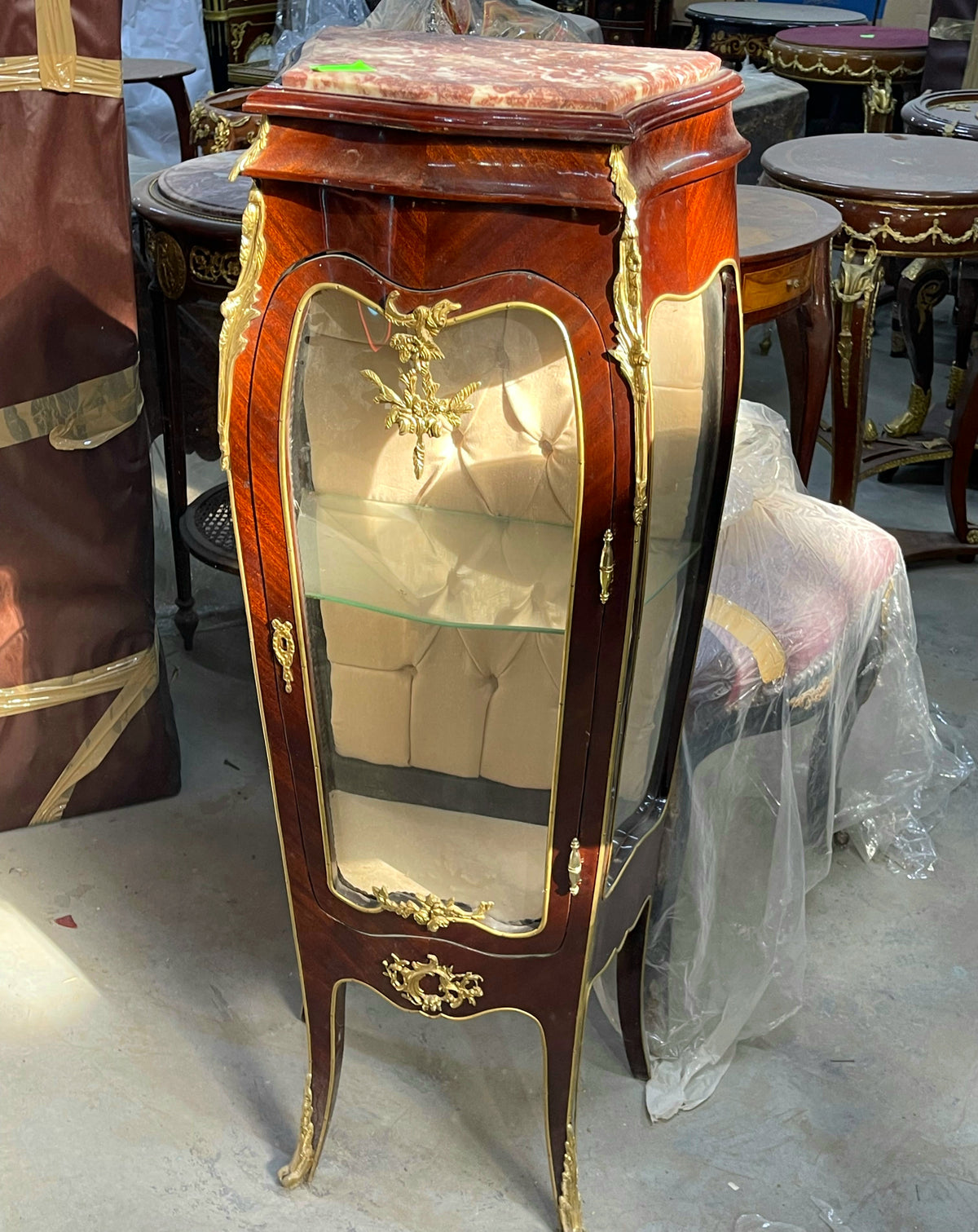 Petite French-Style Display Vitrine – Rich Wood Finish, Beige Tufted Velvet Interior & Gold Leaf Details