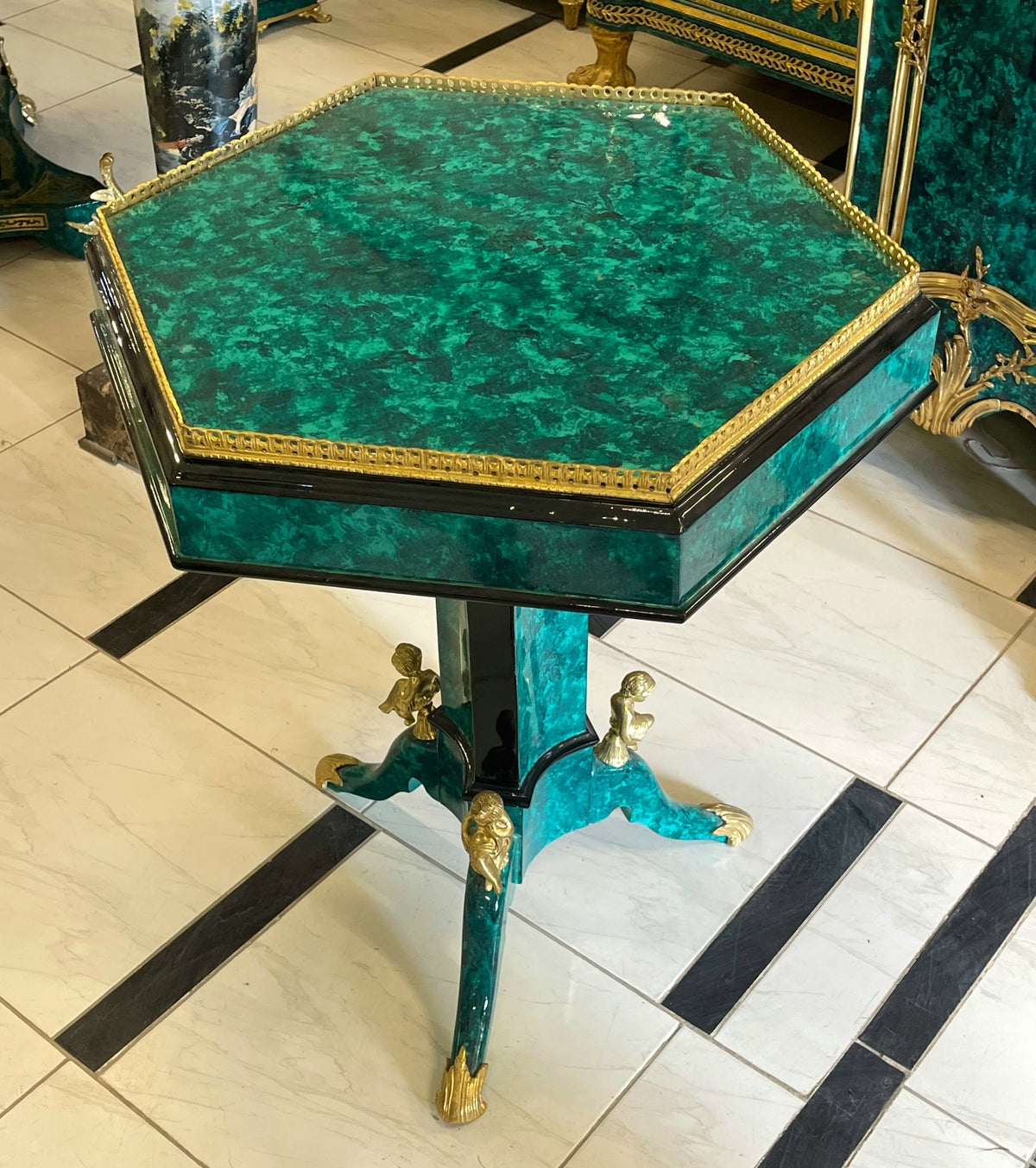French-Inspired Geometric Center Table – Green Marbled Finish, Gold Leaf Trim & Sculptural Gilded Details