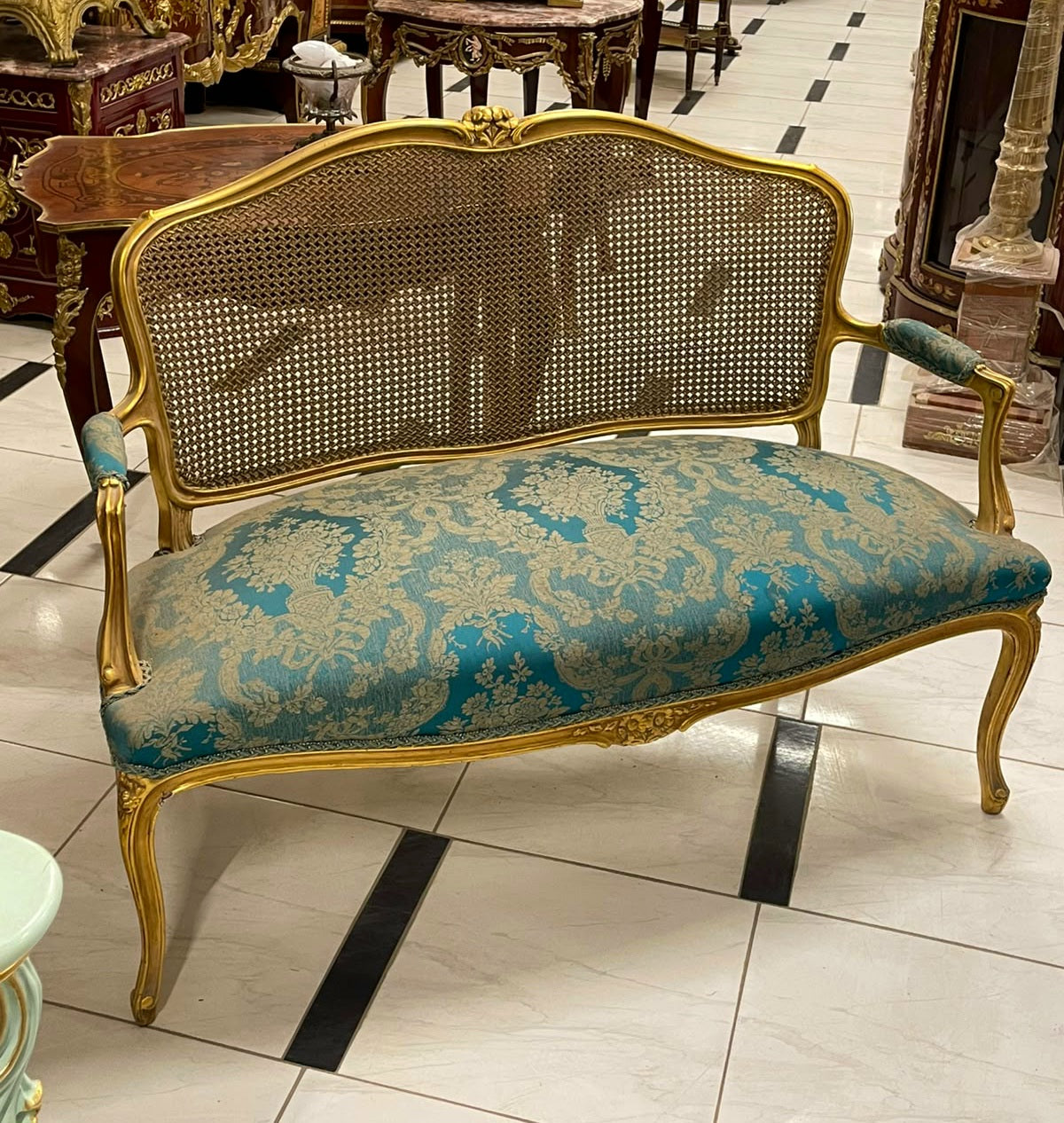 French Louis XV-Style Settee – Turquoise Blue Damask Upholstery, Gold Leaf Frame & Cane Backrest