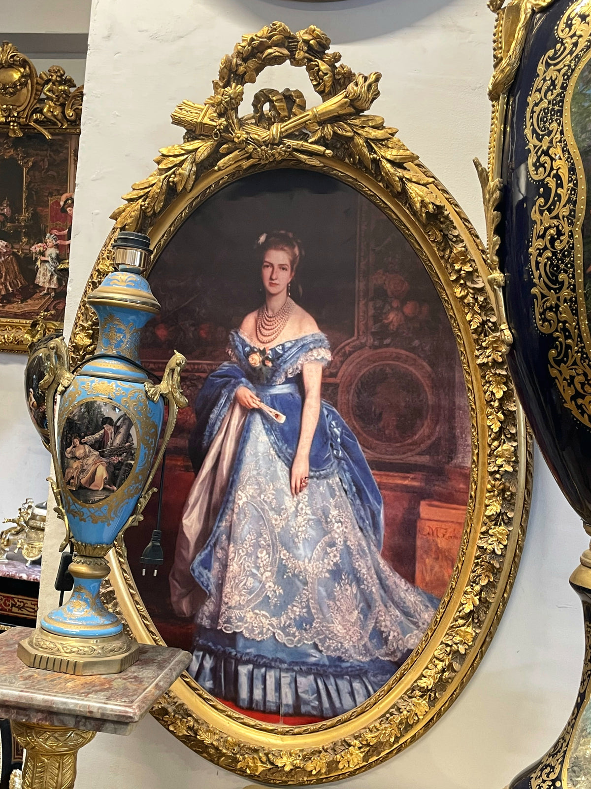 Grand Oval Portrait Wall Art – Elegant Lady in a Blue and Ivory Gown with Ornate Gold Leaf Frame