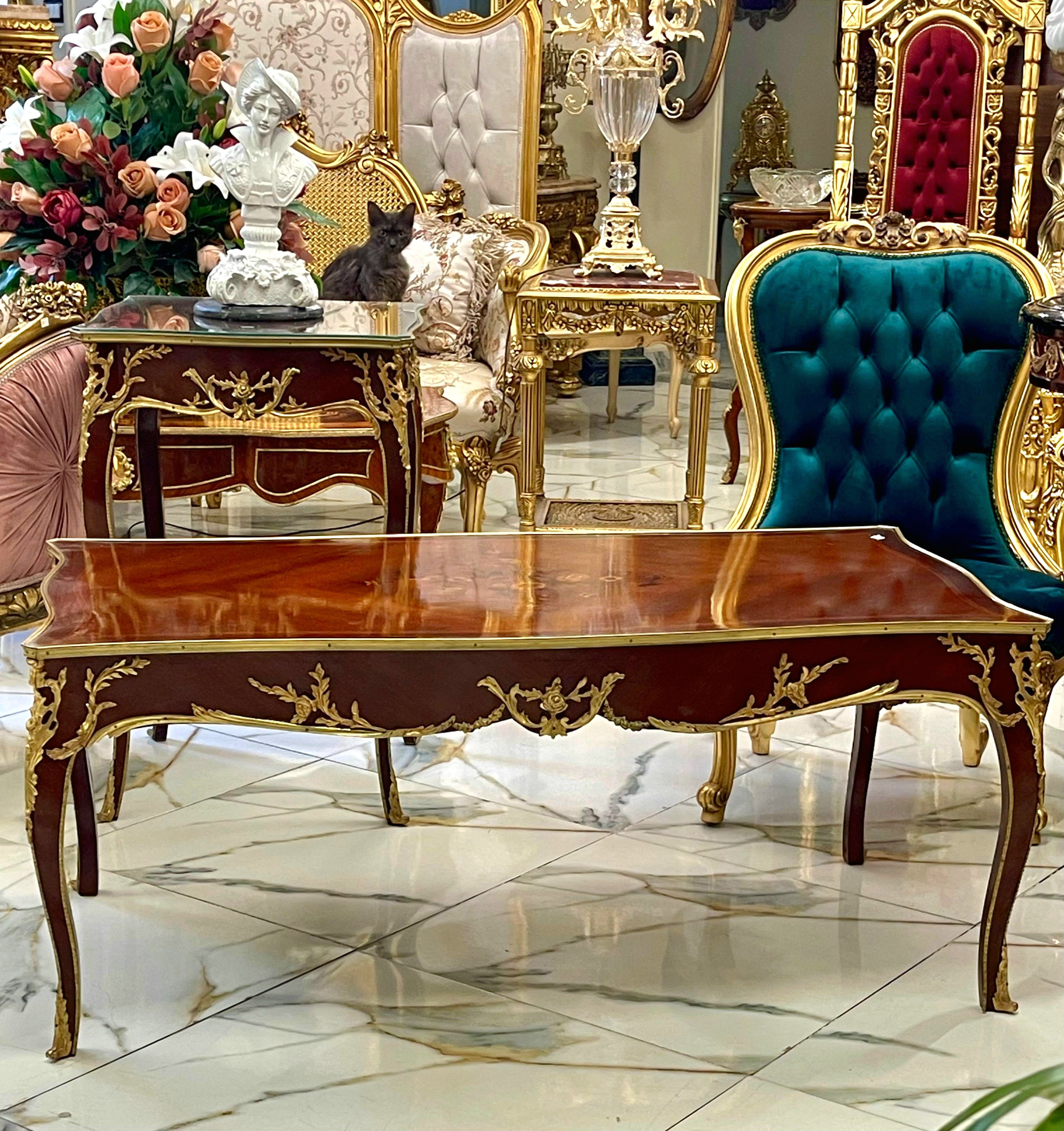 French Style Wooden Coffee Table – Copper Finish with Bronze Accents