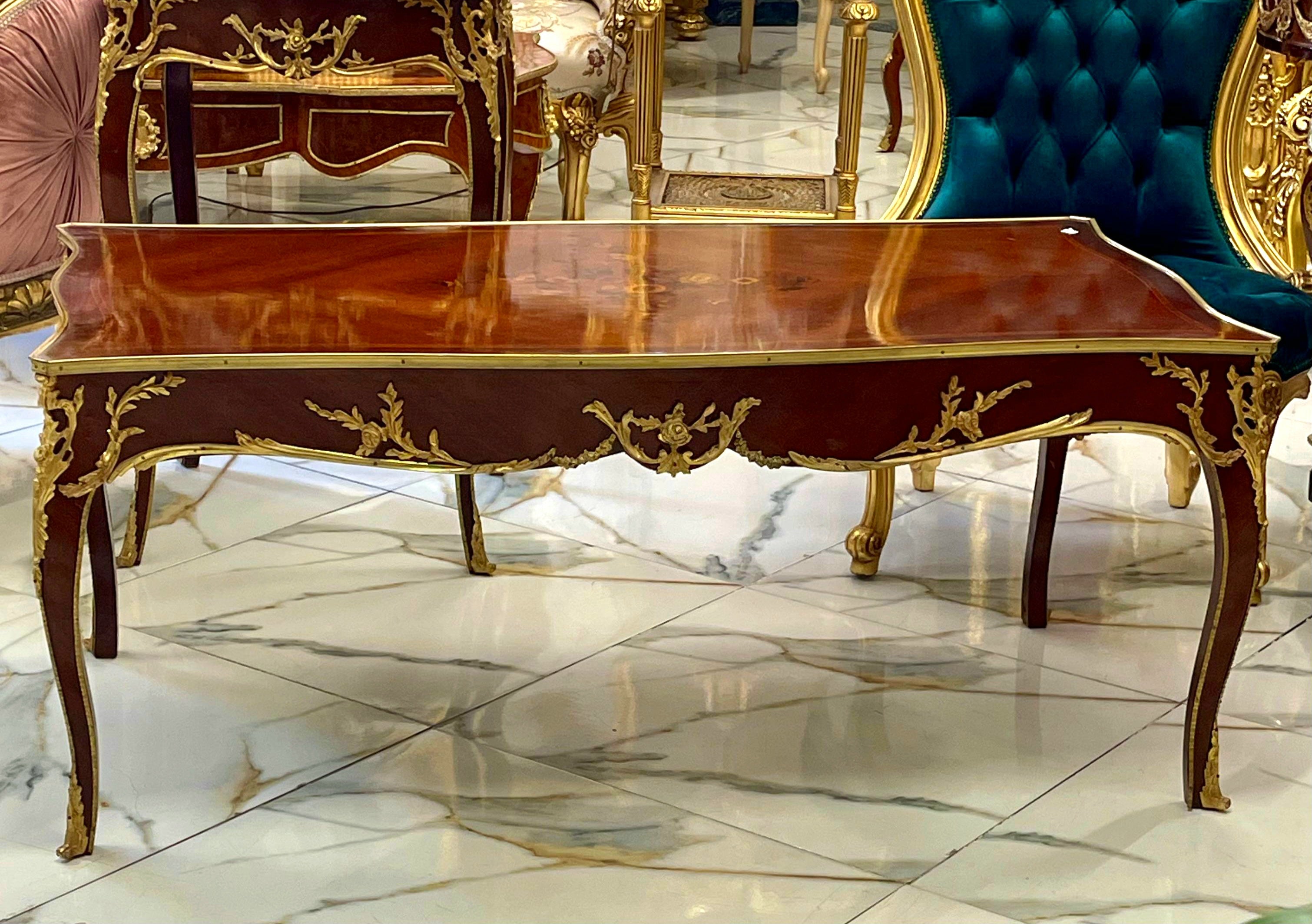 French Style Wooden Coffee Table – Copper Finish with Bronze Accents
