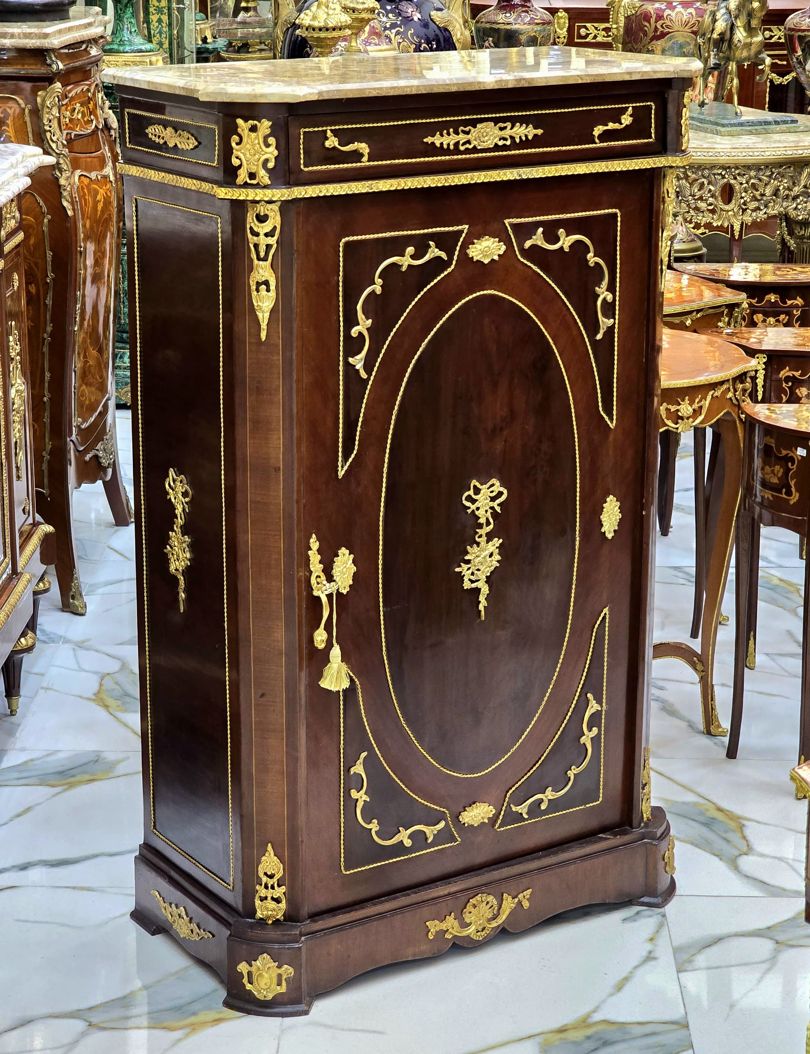 Louis XVI Style Marble Top Commode Cabinet with Gold Leaf Details & Luxury Marquetry Design