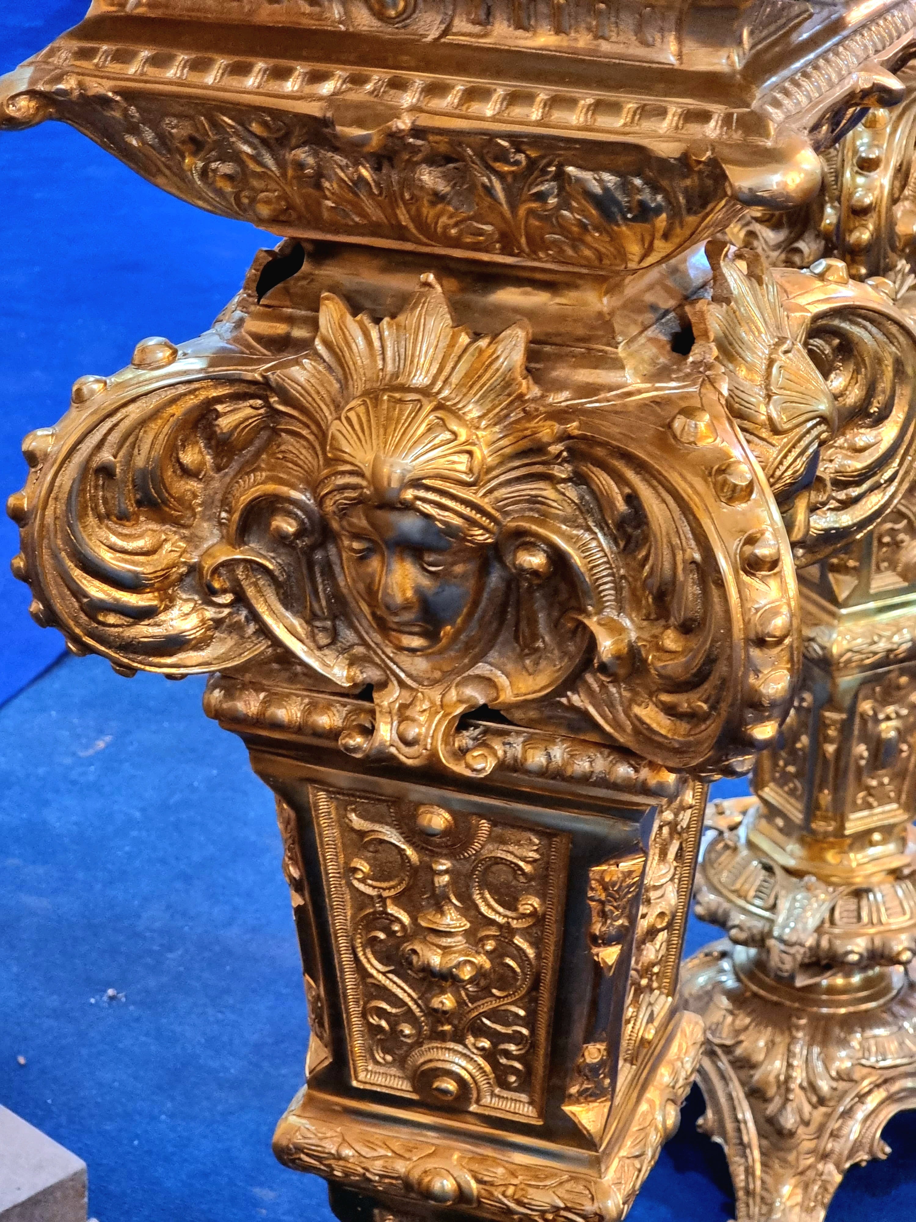 Grand Luxury Gold Leaf Pedestal with Marble Top – Handcrafted Ornate Display Stand with Bronze Details