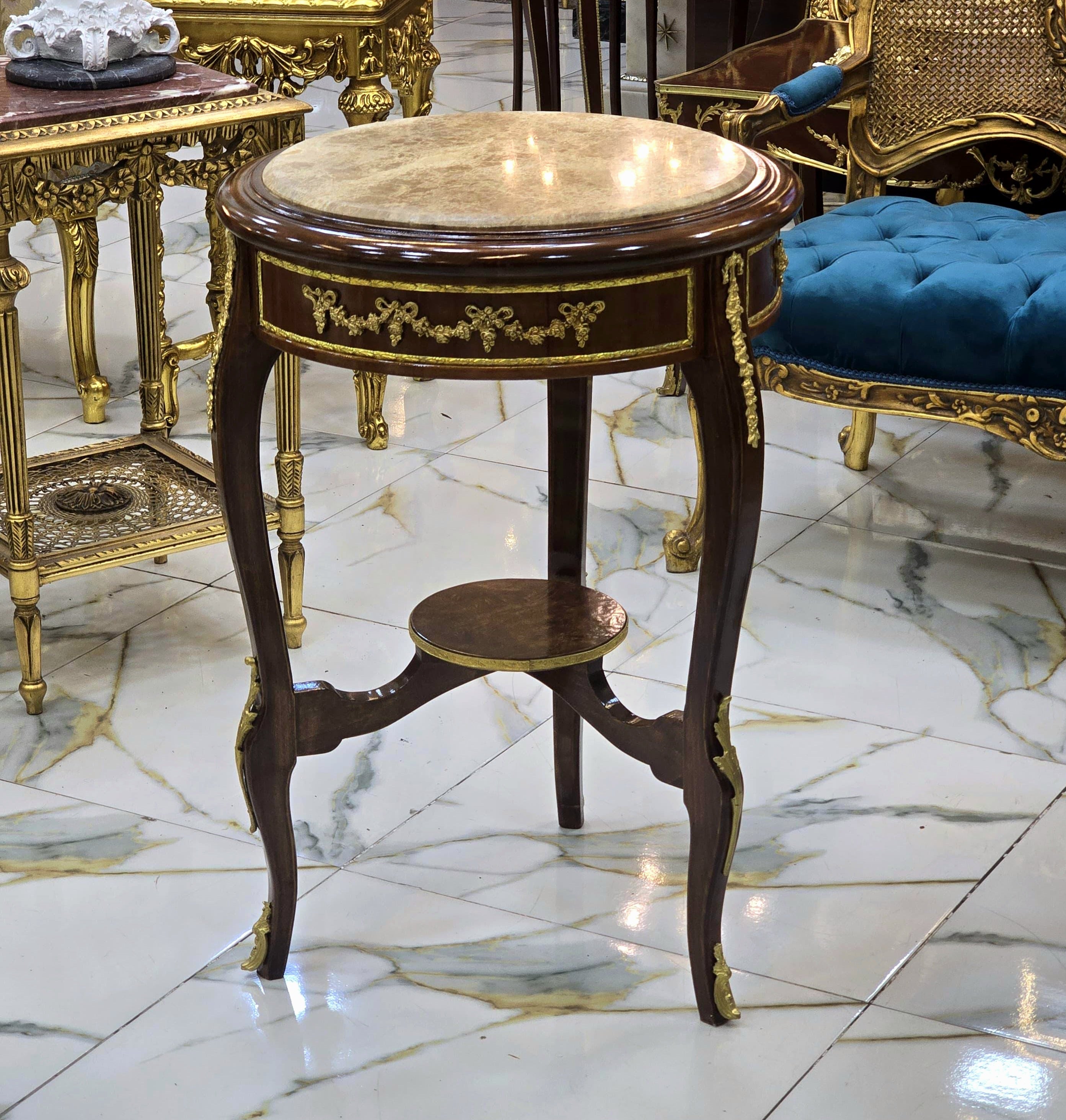 French Baroque Accent Table with Marble Top & Ornate Gold Details