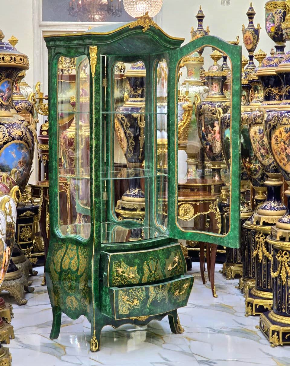 French Style Green Display Cabinet with Gold Leaf Details – Ornate Curio Vitrine Cabinet