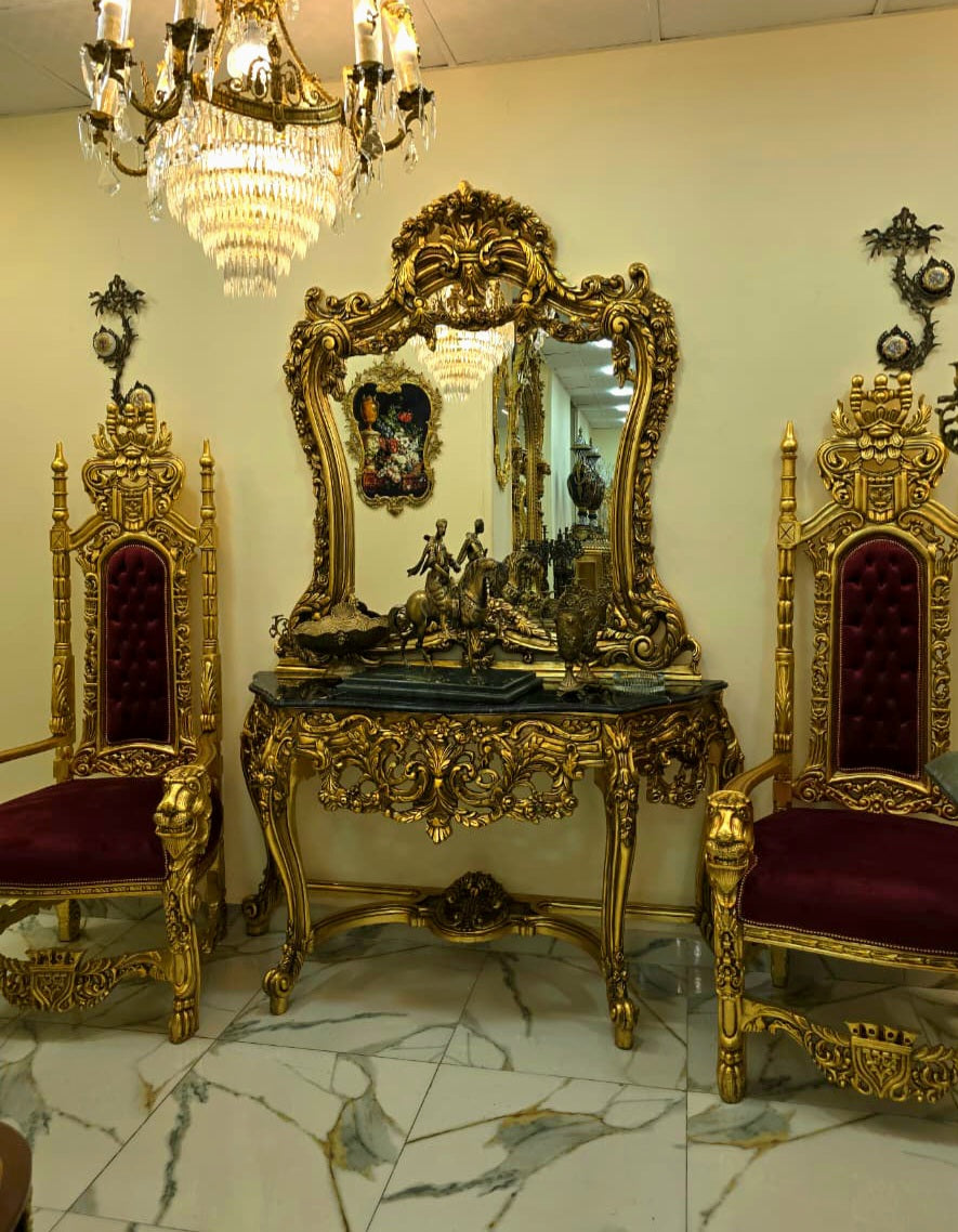 French Style Gold Leaf Vanity Set with Dark Marble Top, Ornate Mirror & Luxury Console Table