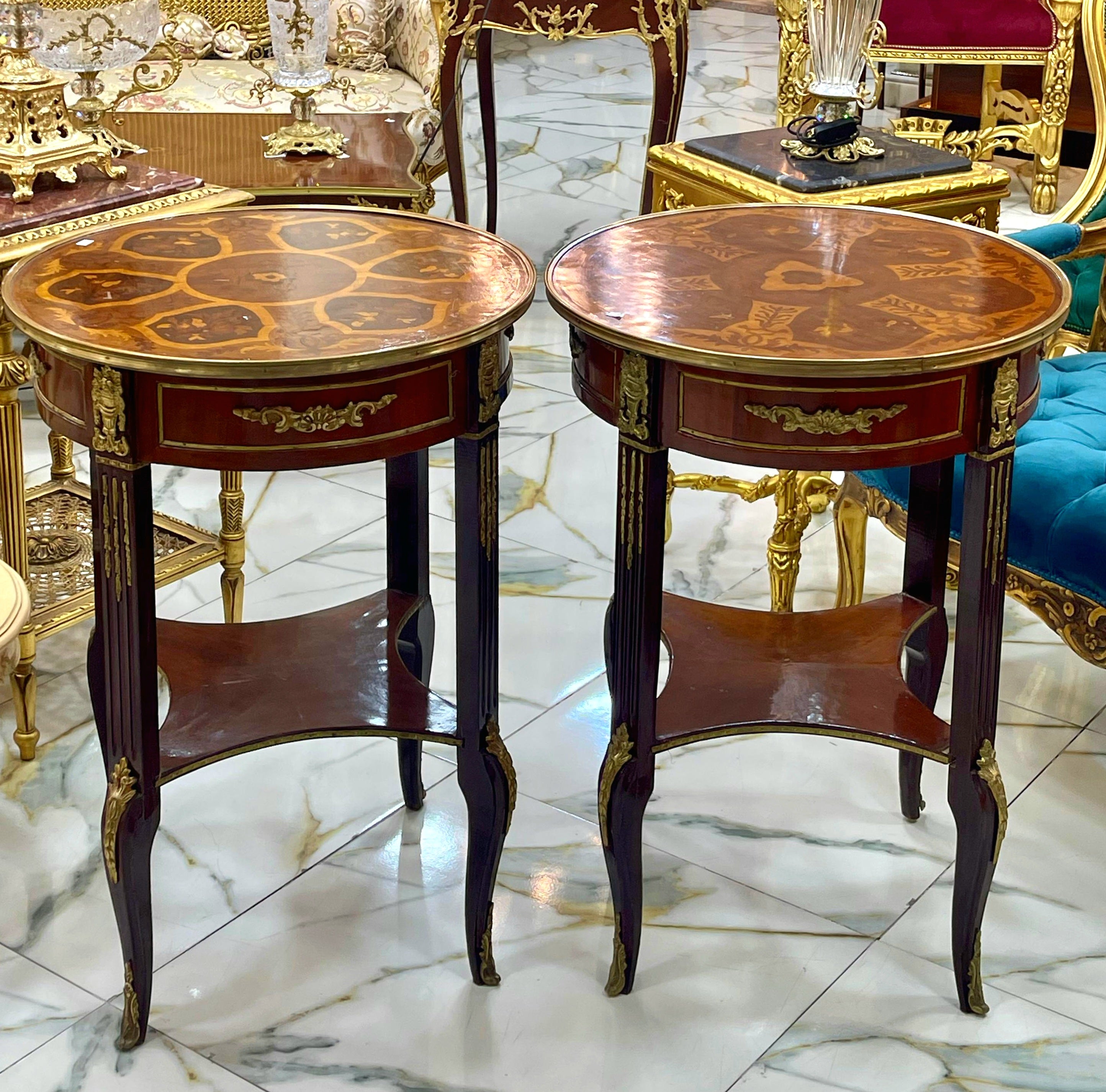 French Style Wood Side Table – Copper Finish with Gold Leaf Accents, Elegant Design