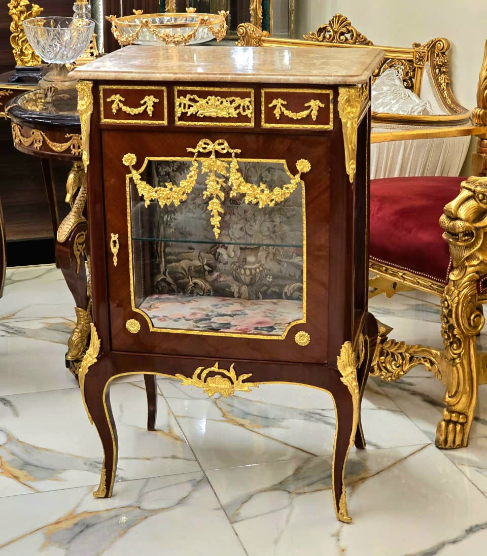 Louis XV Marquetry Bedside Cabinet with Floral Damask Interior & Marble Top