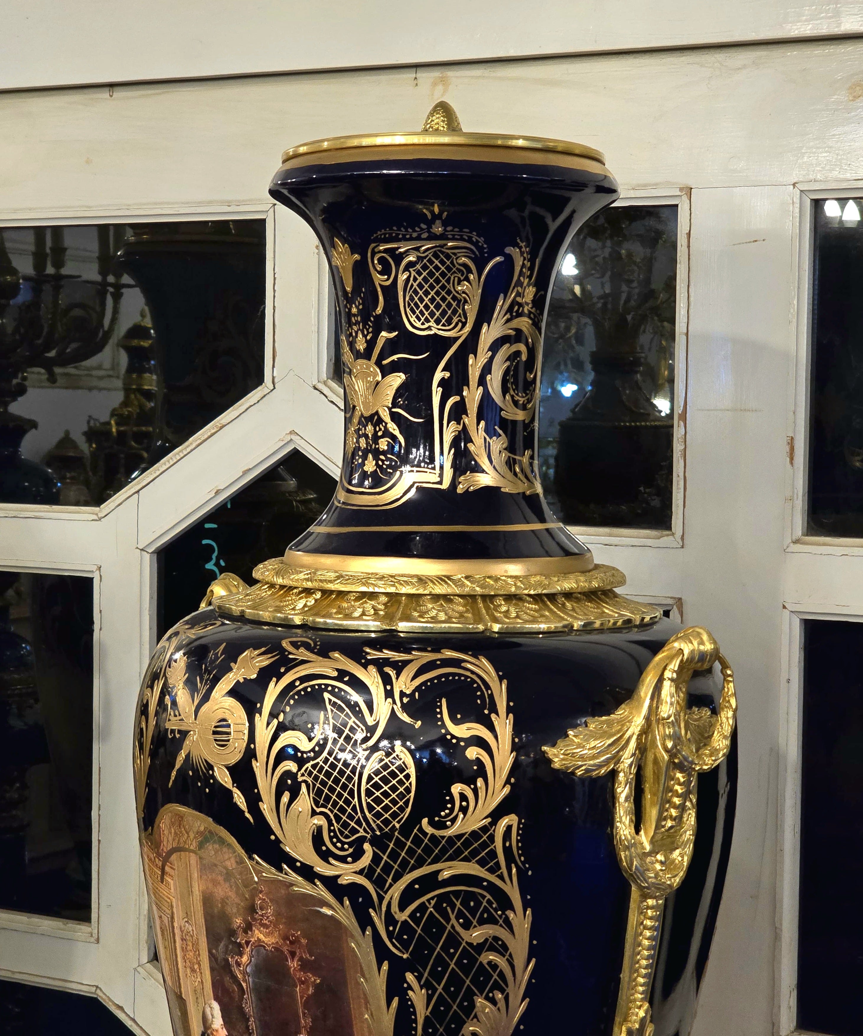 Monumental Sevres-Style Midnight Blue Porcelain Vase on Pedestal with Gold Leaf Details & French Court Scenes