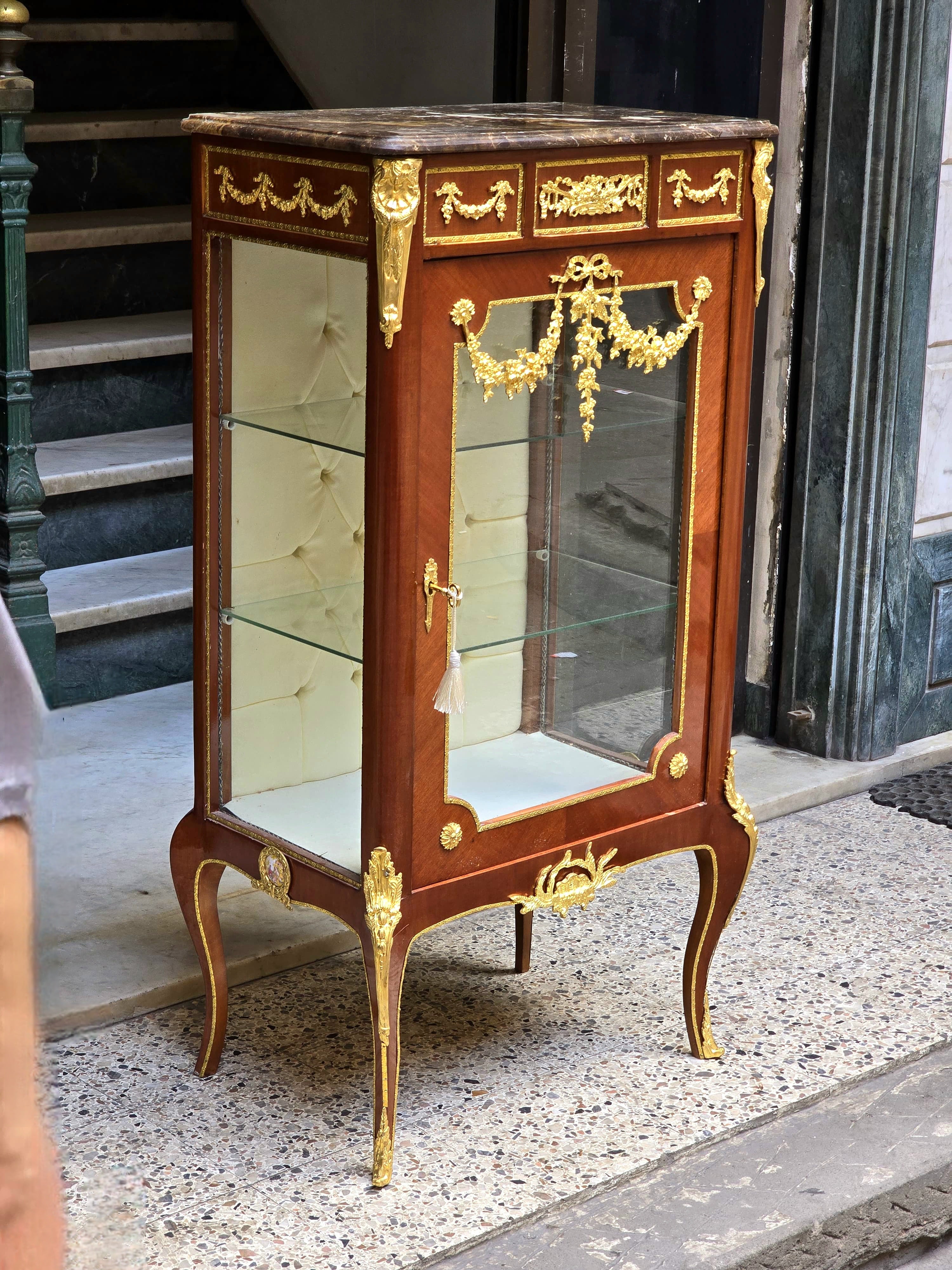 Louis XV Marquetry Bedside Cabinet with Glass Door, Marble Top & Gold Accents
