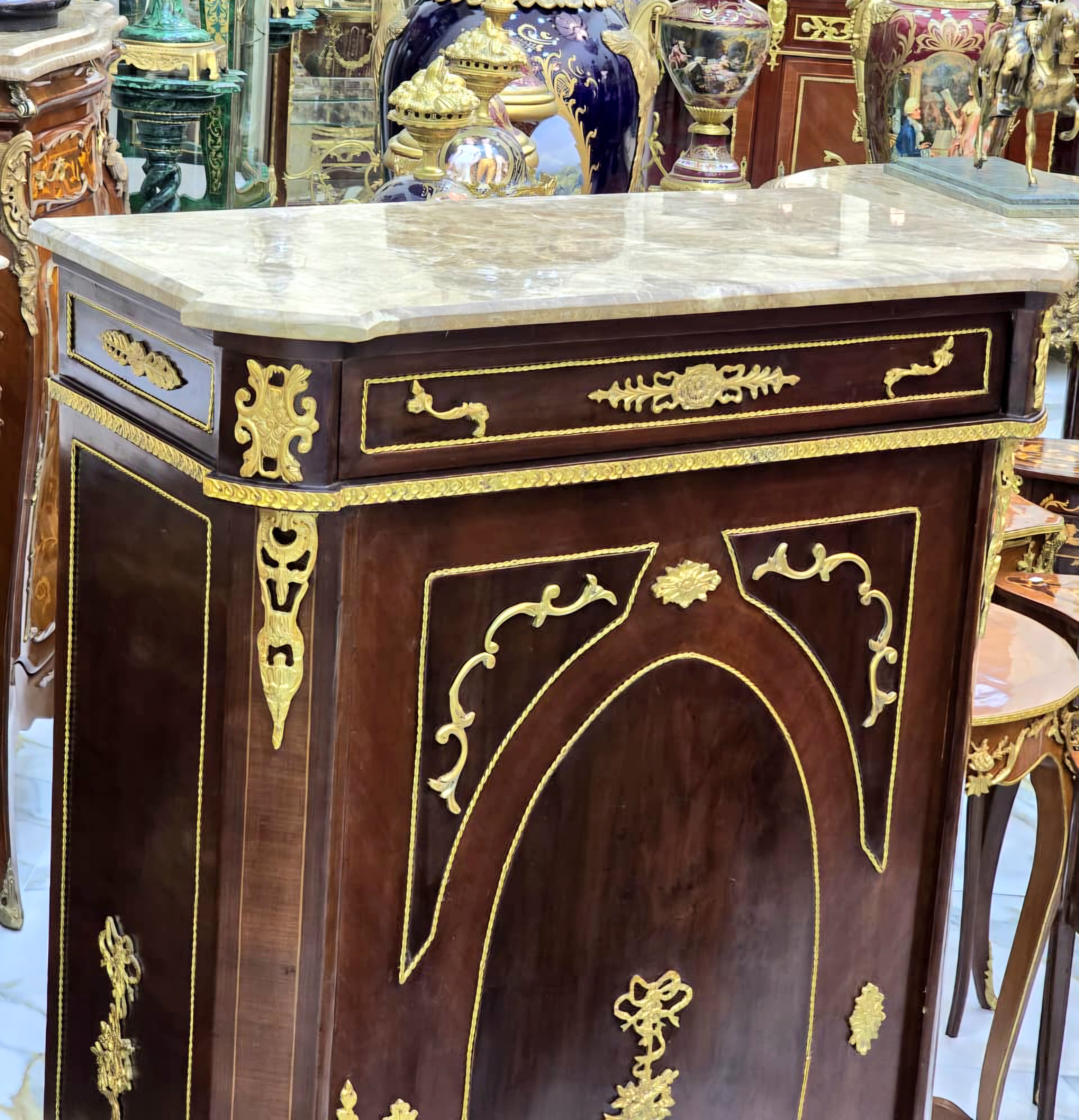 Louis XVI Style Marble Top Commode Cabinet with Gold Leaf Details & Luxury Marquetry Design
