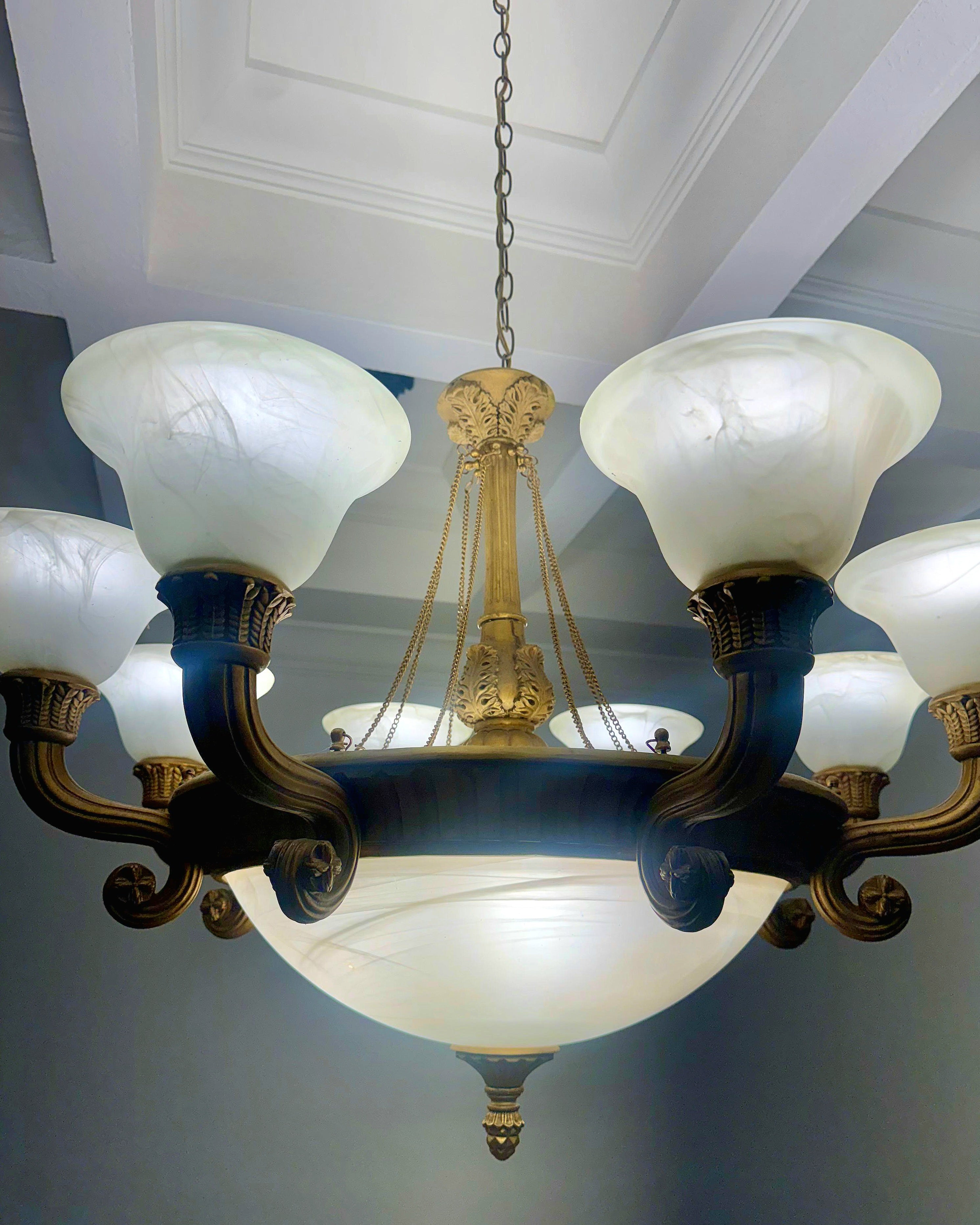 French Empire Vintage 36" Neoclassical Alabaster & Heavy Gilded Brass Chandelier 11 Bulbs