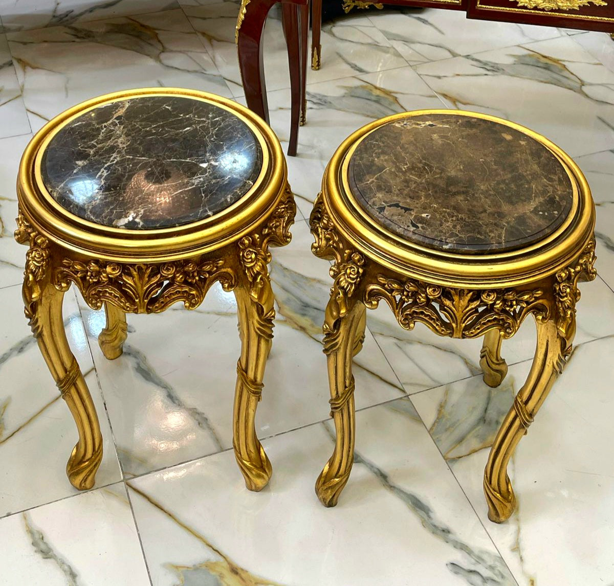 Italian Style Side Table with Dark Brown Marble Top & Gold Accents