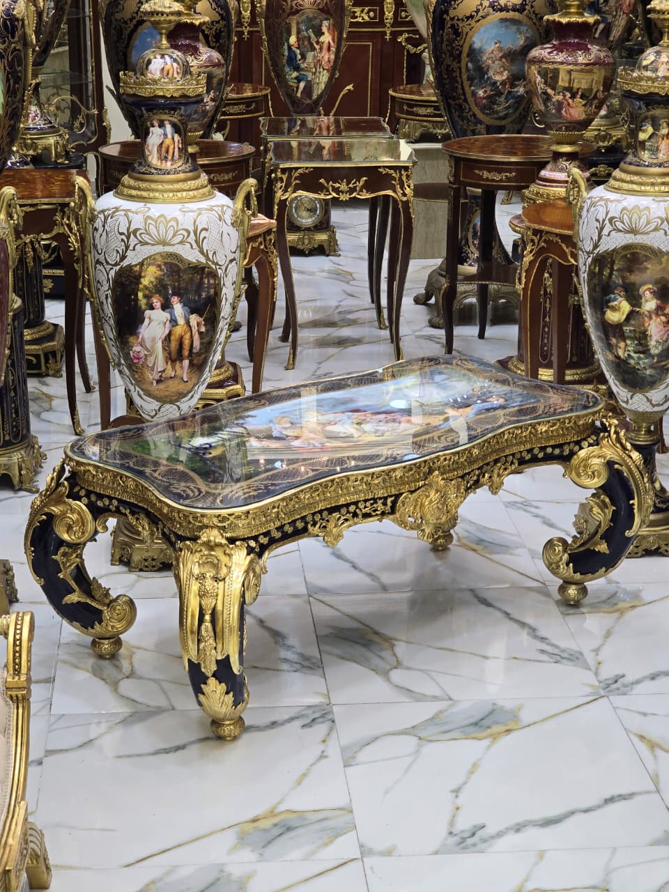 Monumental French Rococo Coffee Table with Hand-Painted Artwork Under Glass & Gilded Bronze Details