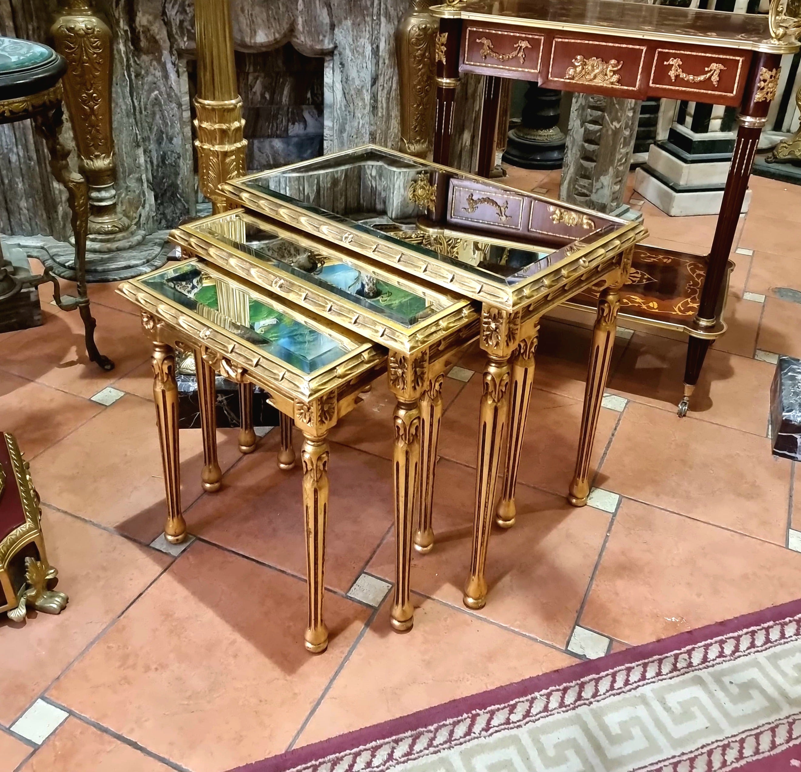 French Style Nesting Tables – Set of 3 with Mirrored Tops & Gold Leaf Finish