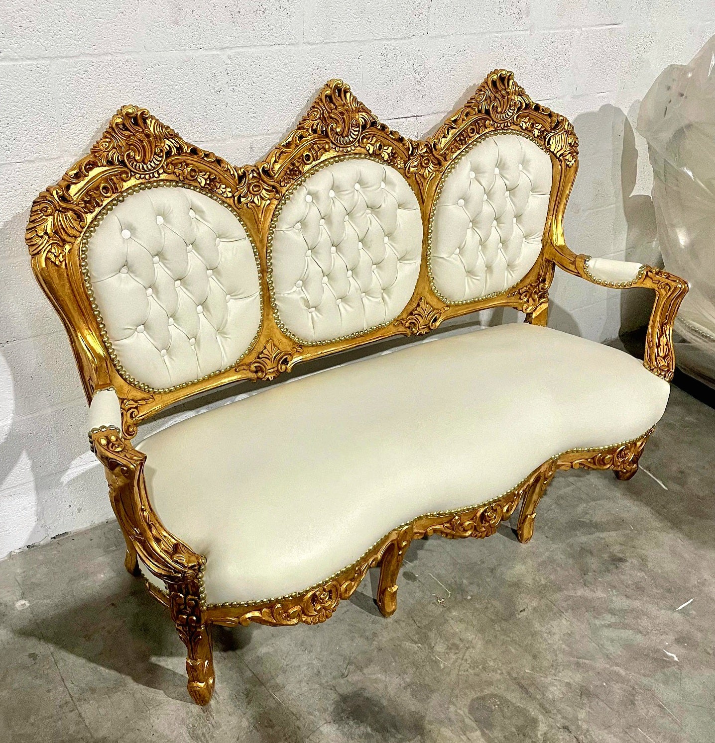 White Leather French Rococo Sofa – Gold Leaf Frame, Victorian Style Luxury Statement Piece