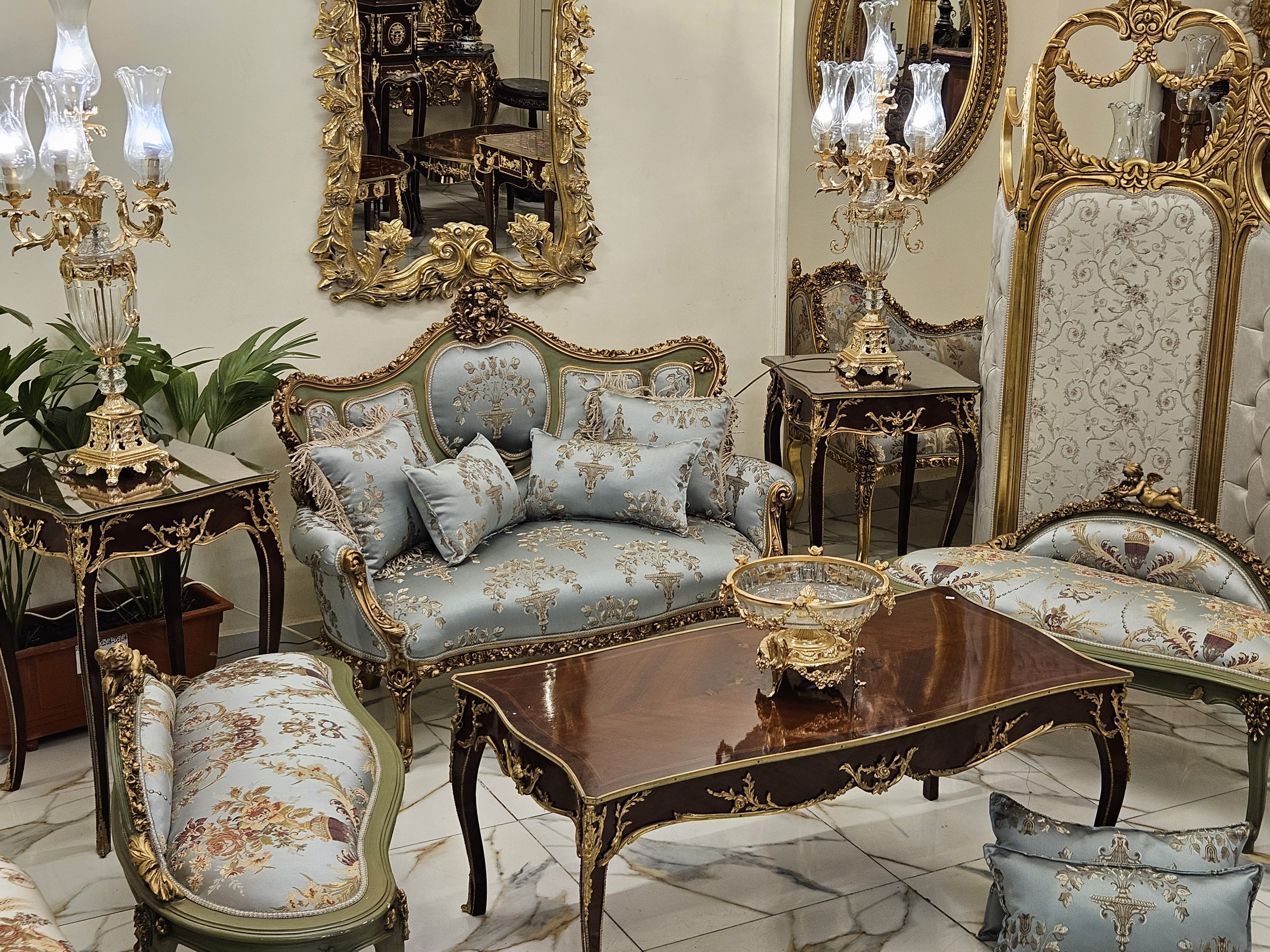 French Rococo Sky Blue Sofa – Hand-Carved Gold Leaf Frame, Luxury Statement Piece
