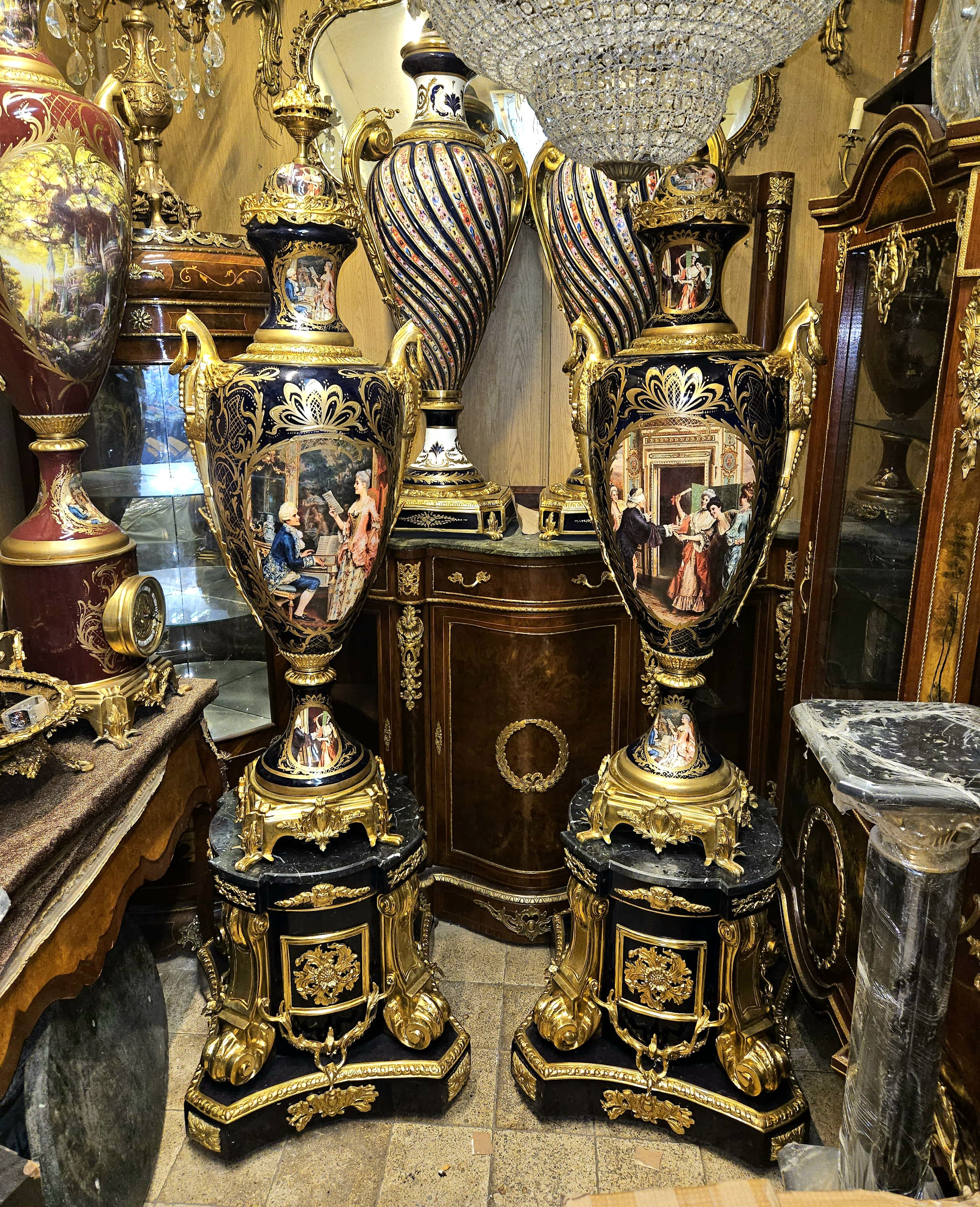 French Sevres Style Black Porcelain Vase on Pedestal – Bronze & Gold Leaf Details with Victorian Court Scenes