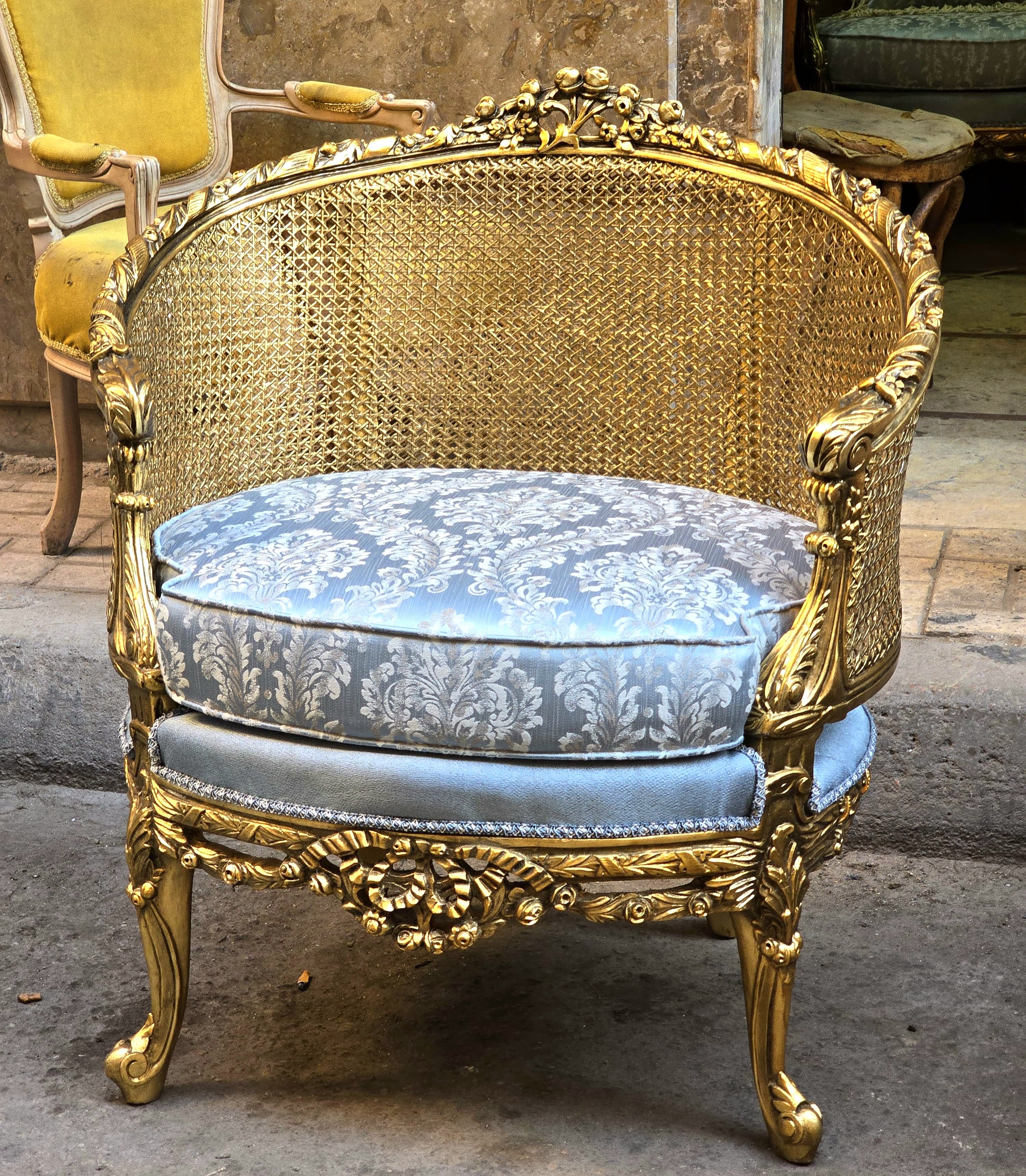 Baroque Style Sky Blue Damask Armchair – Gold Leaf Accent Chair with Pillow, Luxury French Seating