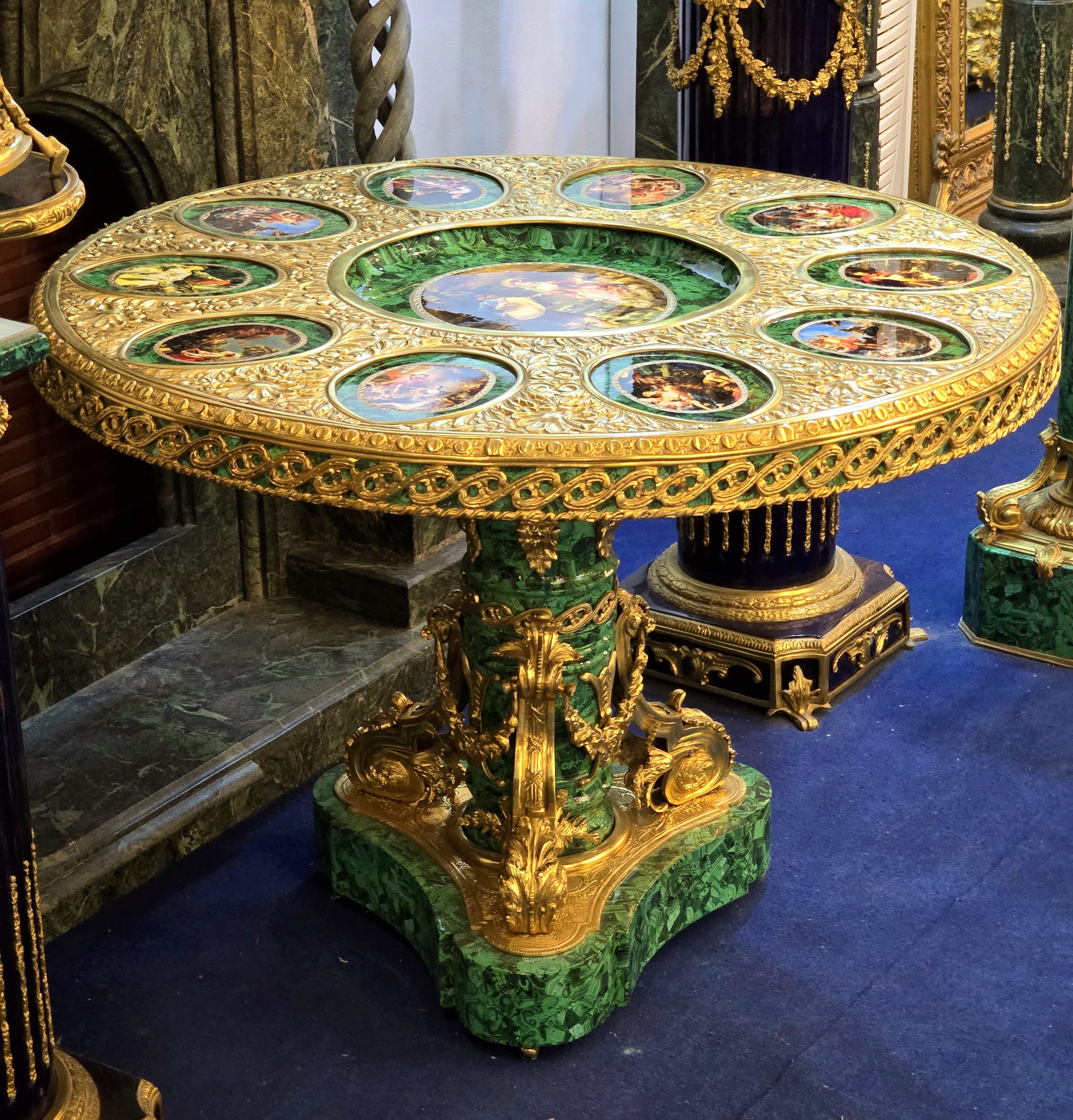 Victorian Inspired French Rococo Round Dining Table with Gold Details & Green Finish