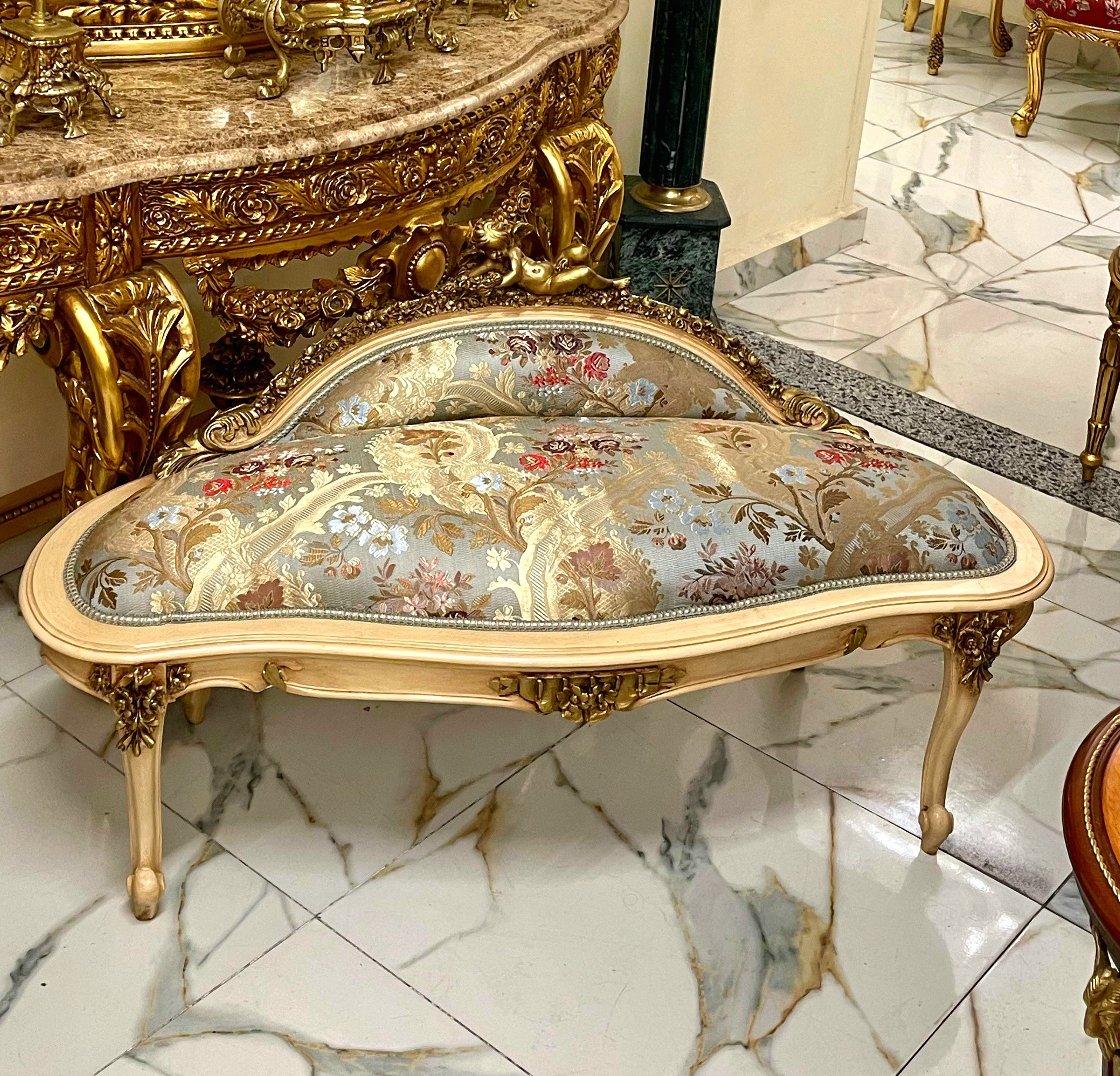 Vintage French Rococo Sky Blue Settee – Gold Leaf Frame, Ornate Cherub Top, Damask Upholstery