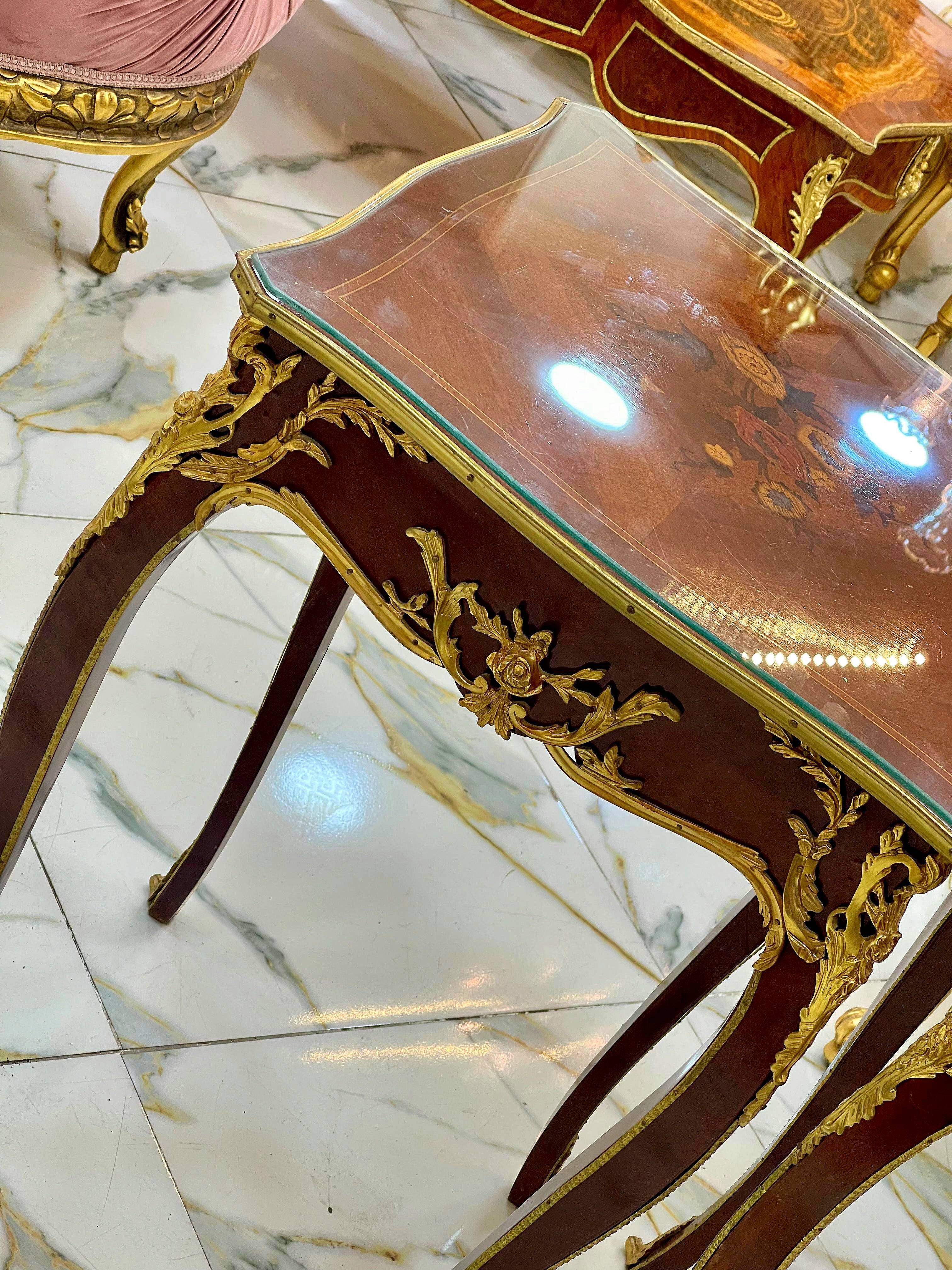 French Accent Side Table with Glass Top, Gold Leaf & Bronze Details