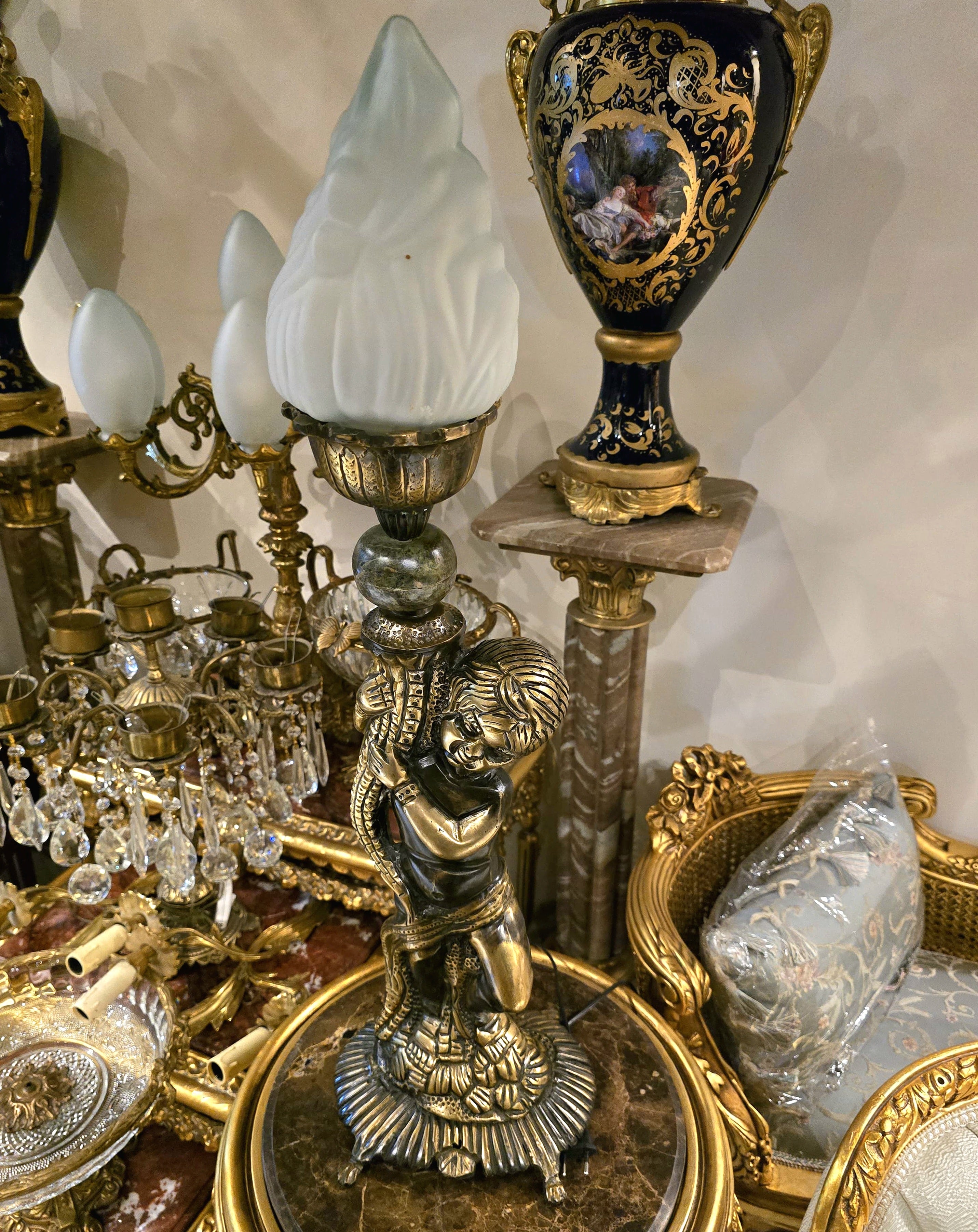 Baroque Style Cherub Table Lamp with Frosted Glass Flame Shade & Gilt Bronze Finish