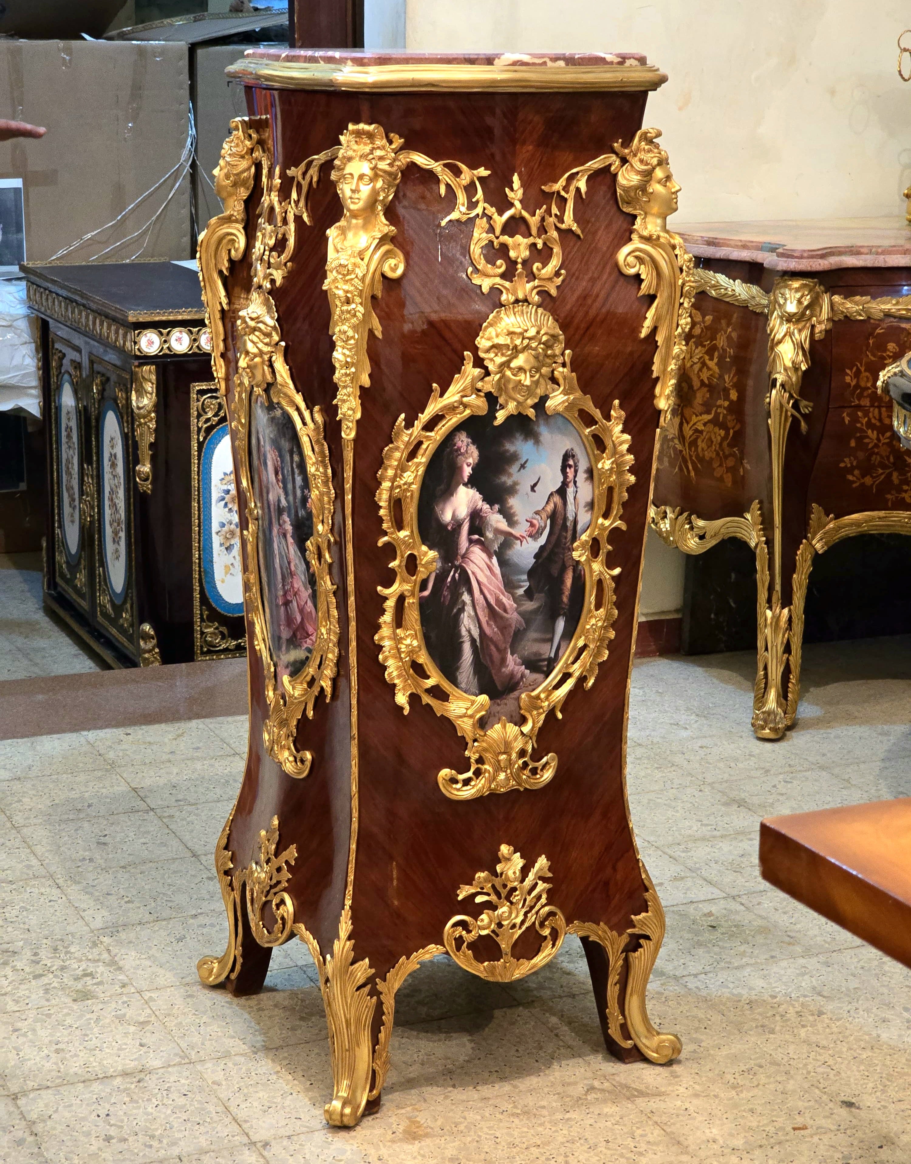 French Rococo Pedestal with Romantic Artwork, Bronze Mounts & Gold Leaf Details