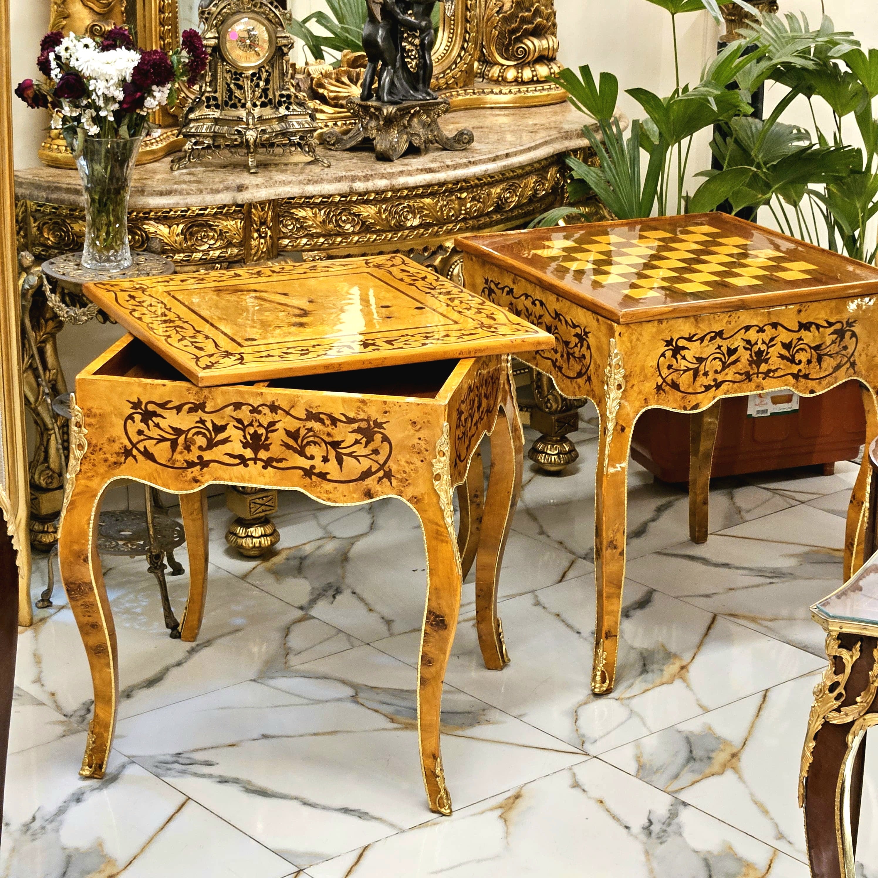 Art Deco Style Game Table – Elegant Wooden Chess & Card Table, Vintage-Inspired Accent Furniture