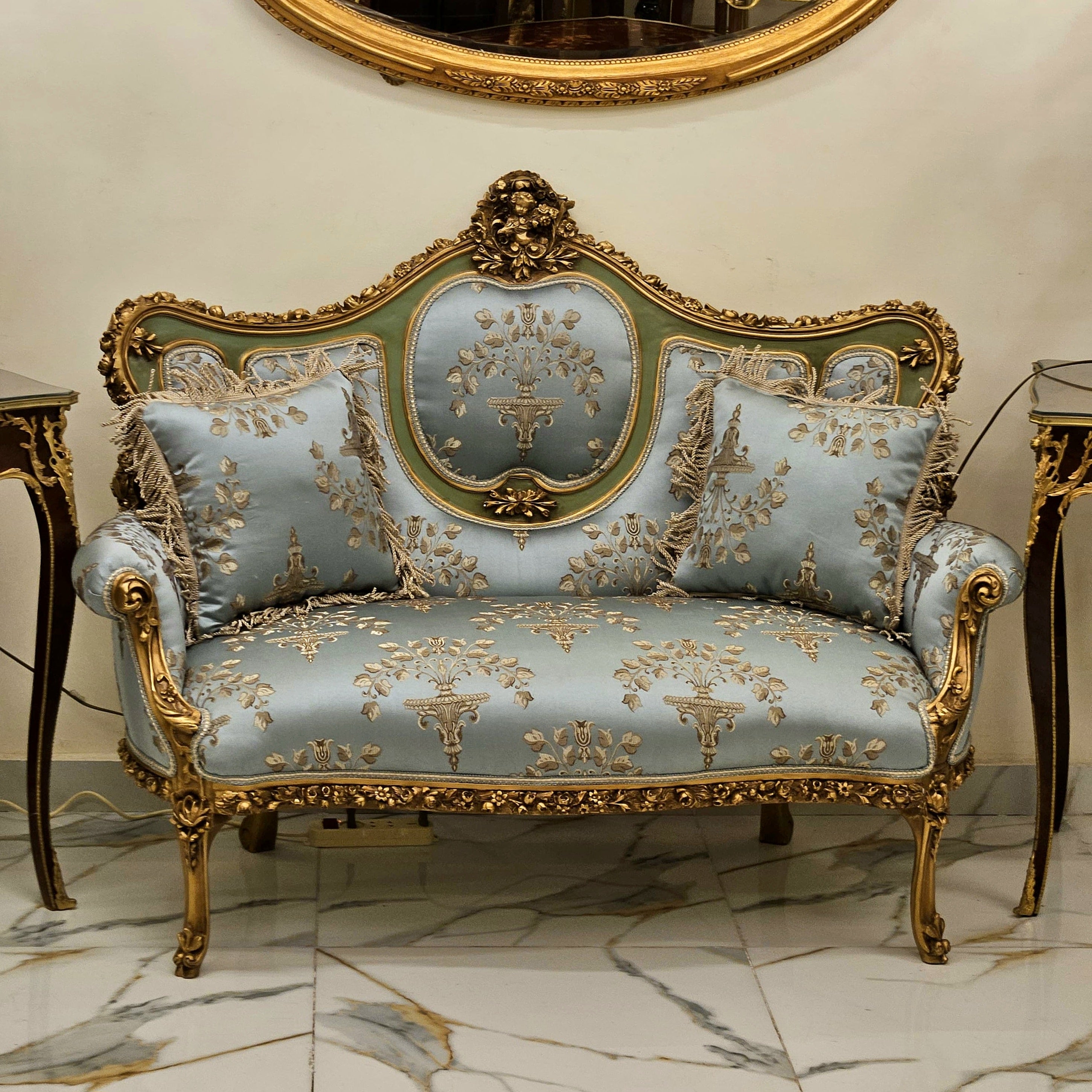 French Rococo Sky Blue Sofa – Hand-Carved Gold Leaf Frame, Luxury Statement Piece
