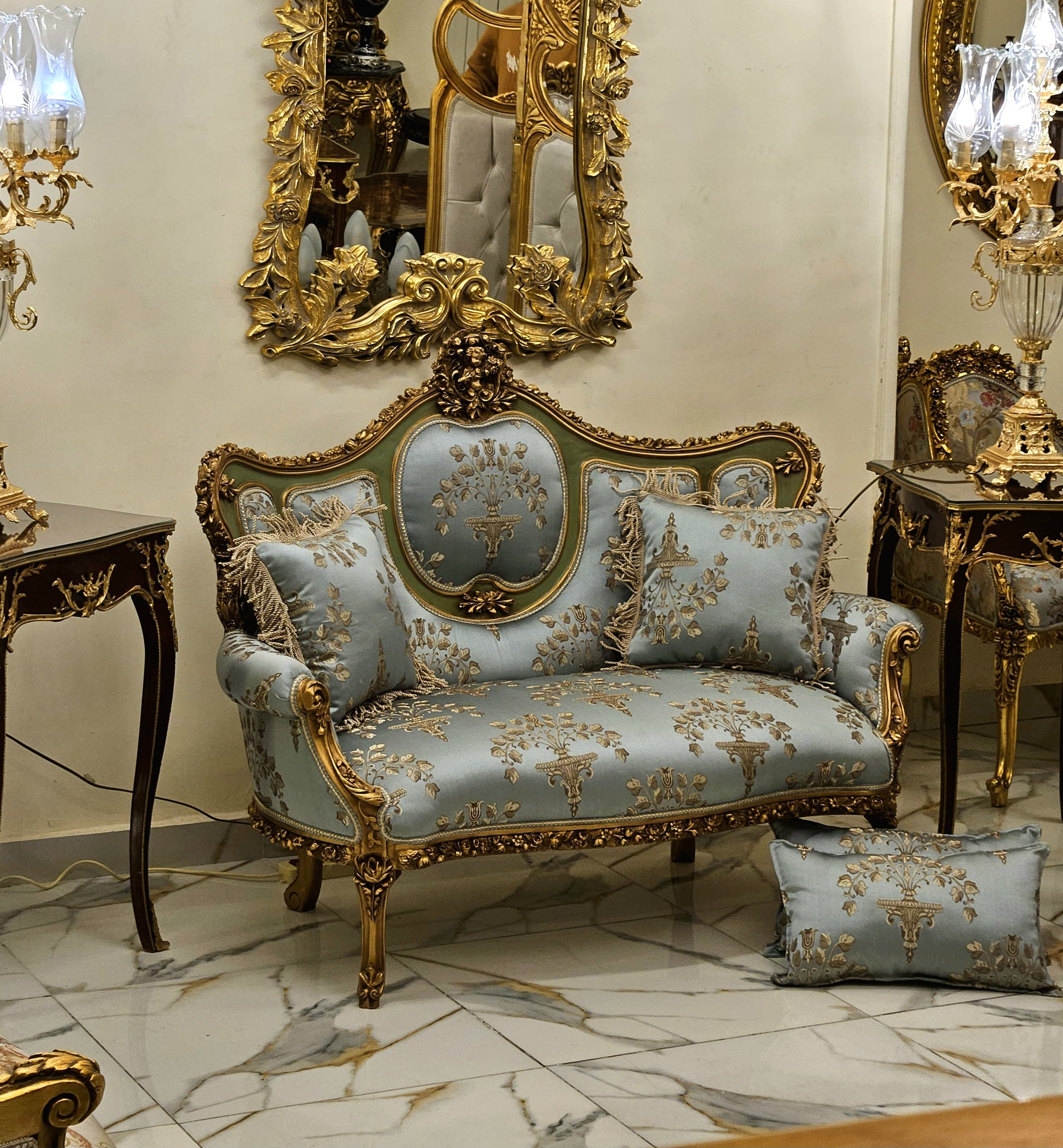 French Rococo Sky Blue Sofa – Hand-Carved Gold Leaf Frame, Luxury Statement Piece