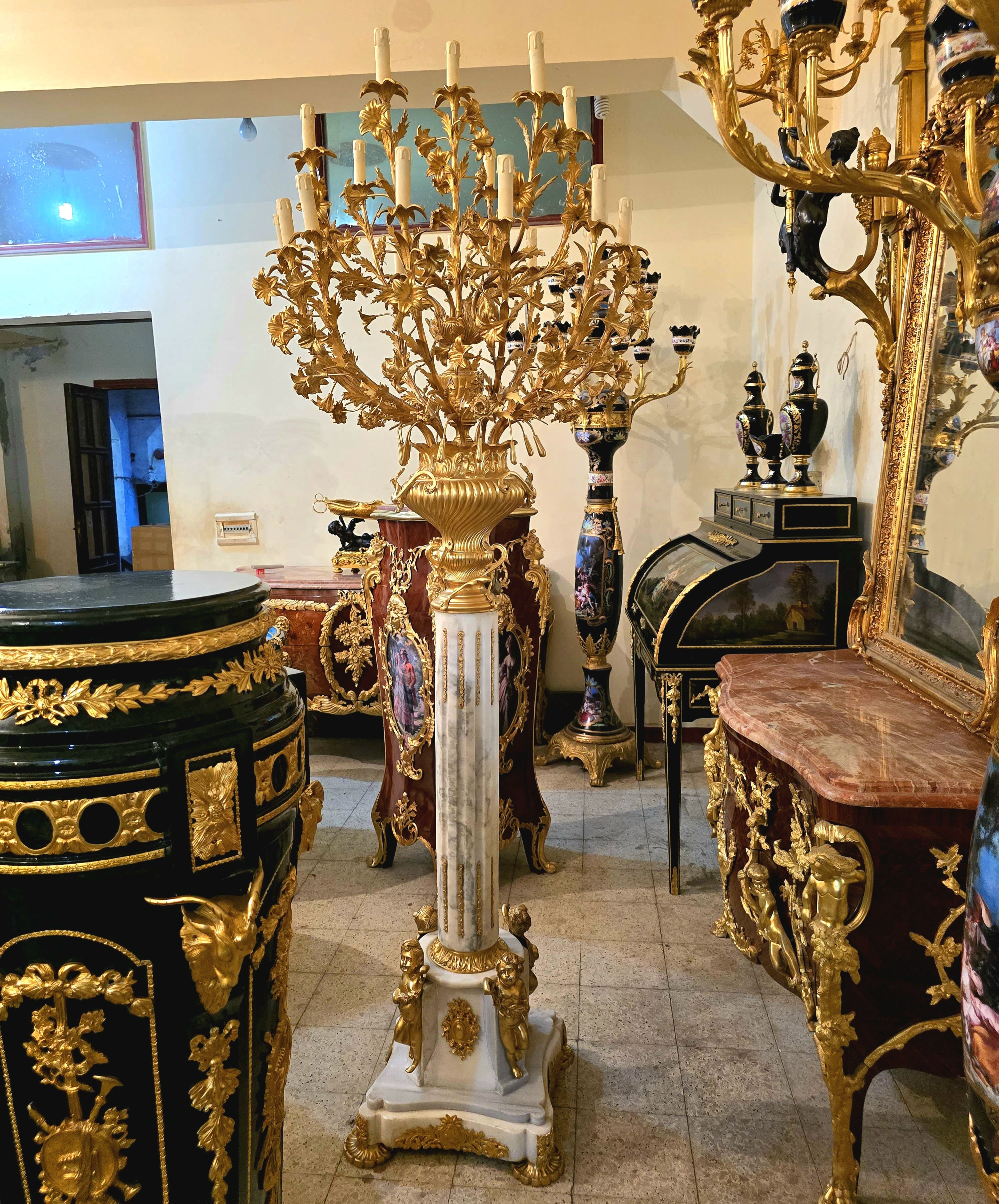 Elegant Louis XVI Style Pedestal Candelabra with Gold Leaf Floral Details & Gilded Bronze Accents