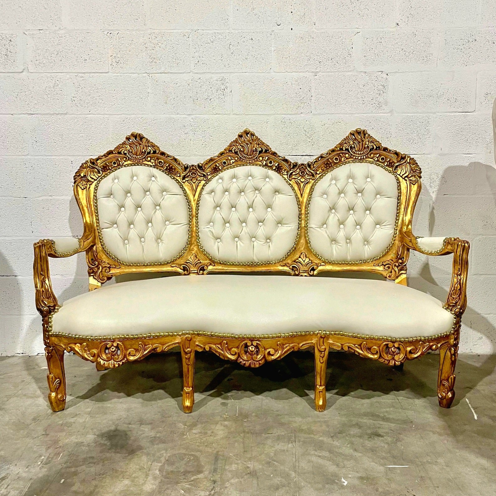 White Leather French Rococo Sofa – Gold Leaf Frame, Victorian Style Luxury Statement Piece