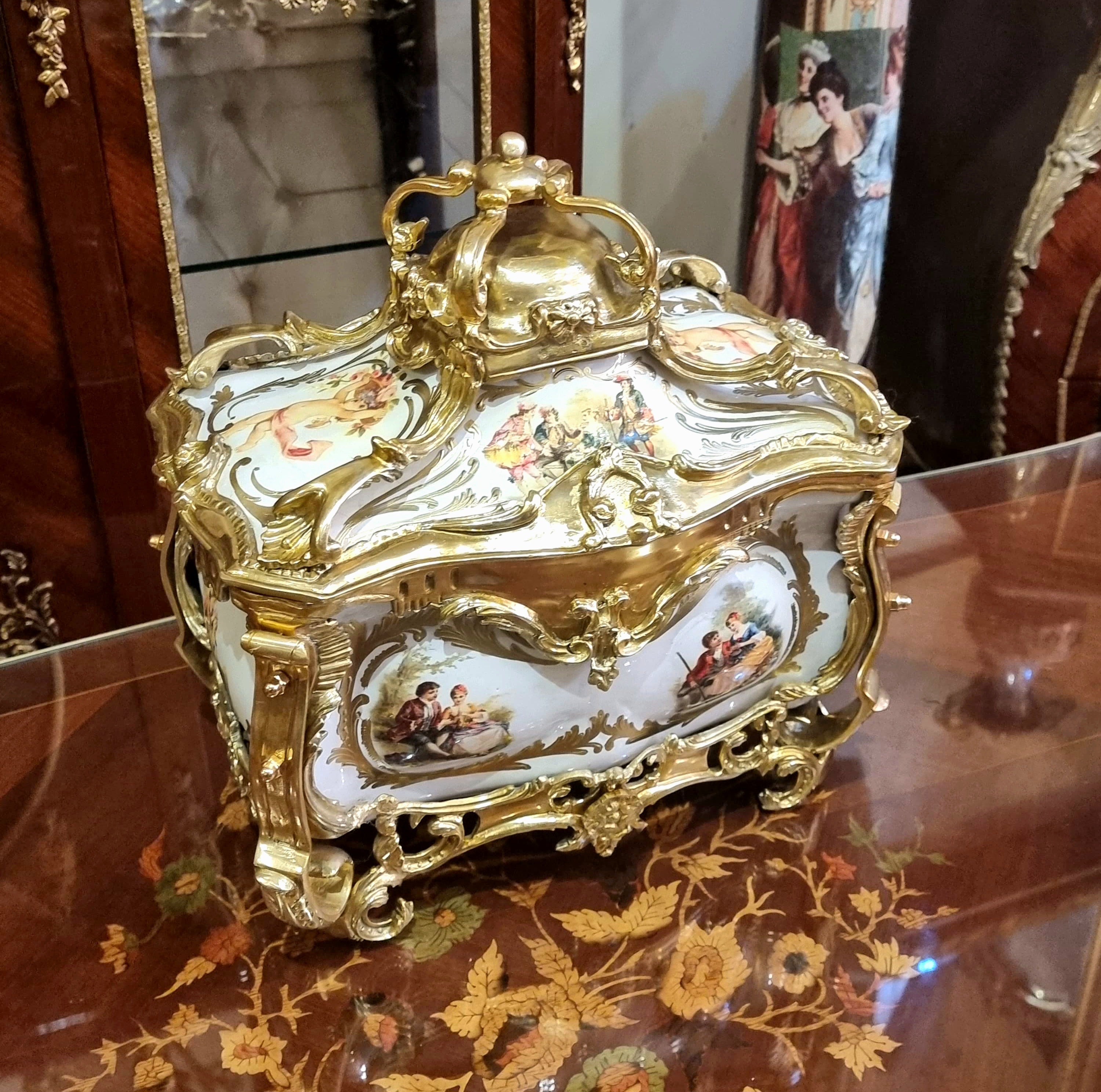 French Style Porcelain Jewelry Box with Gilt Bronze Ormolu Details