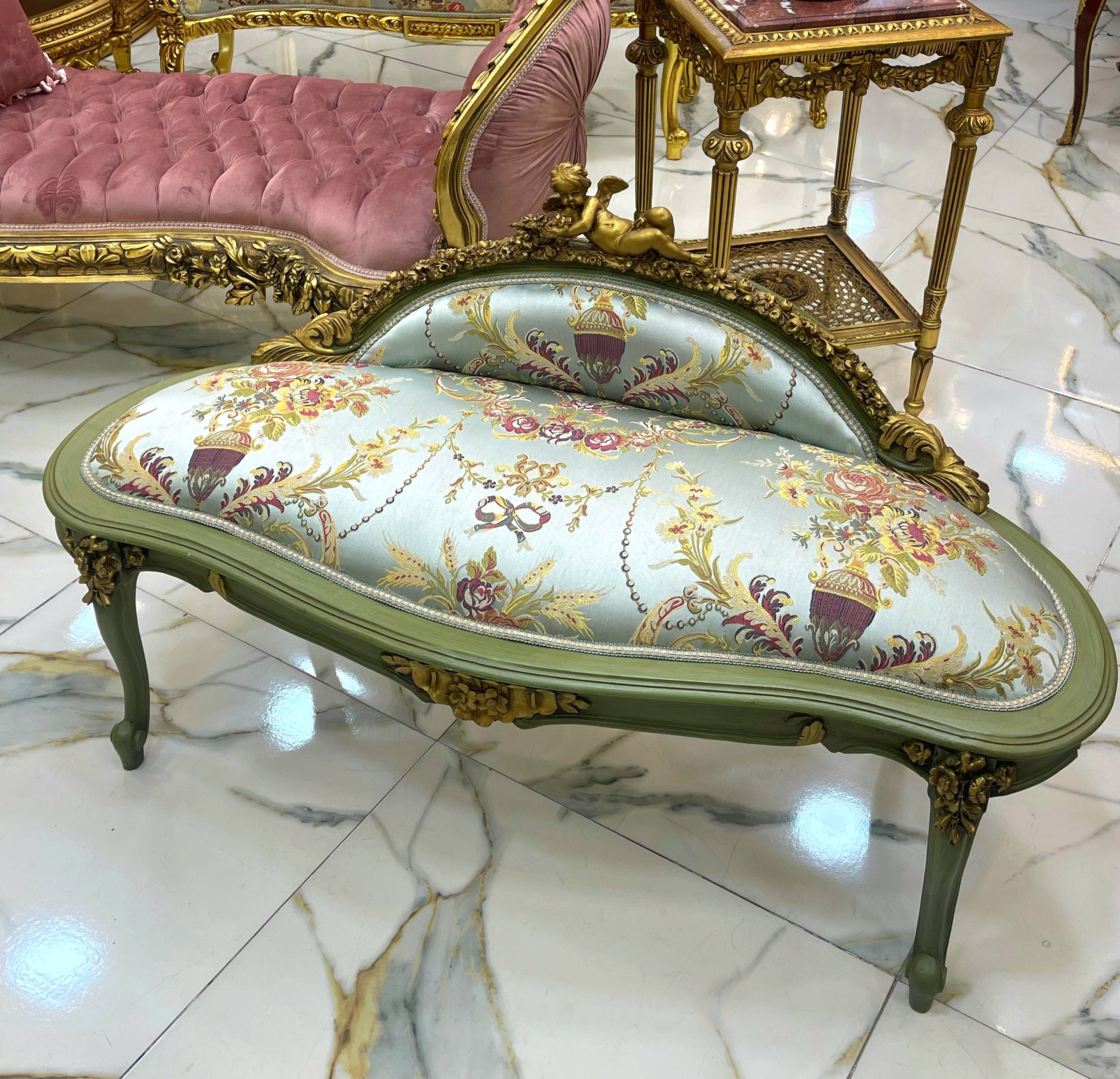 Antique French Green Blue Settee – Gold Leaf Frame, Cherub Angel Detail & Damask Fabric
