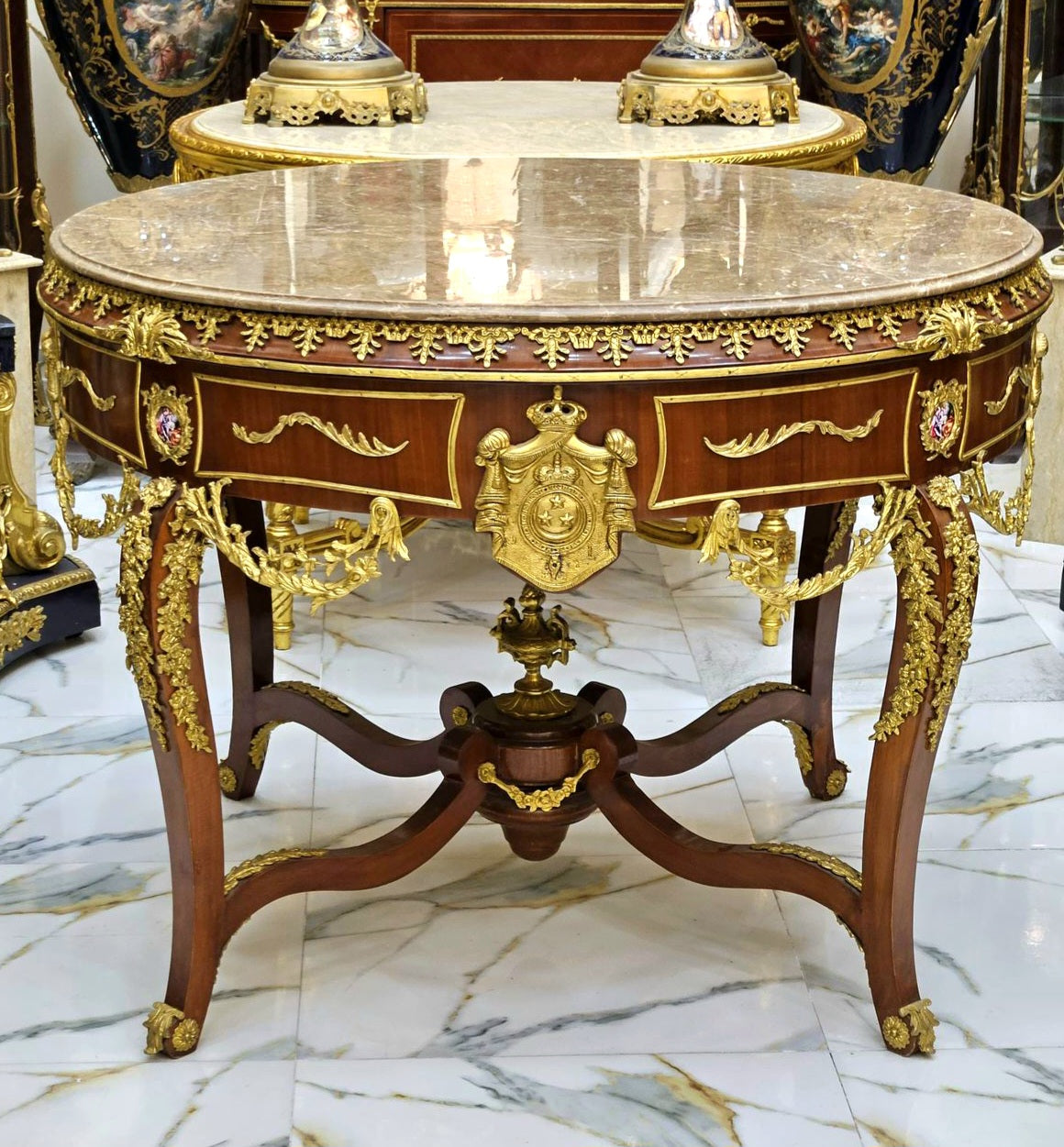 Victorian French Style Center Table – Wood Base with Gold Leaf Details & Glass Top, Marble Look Design