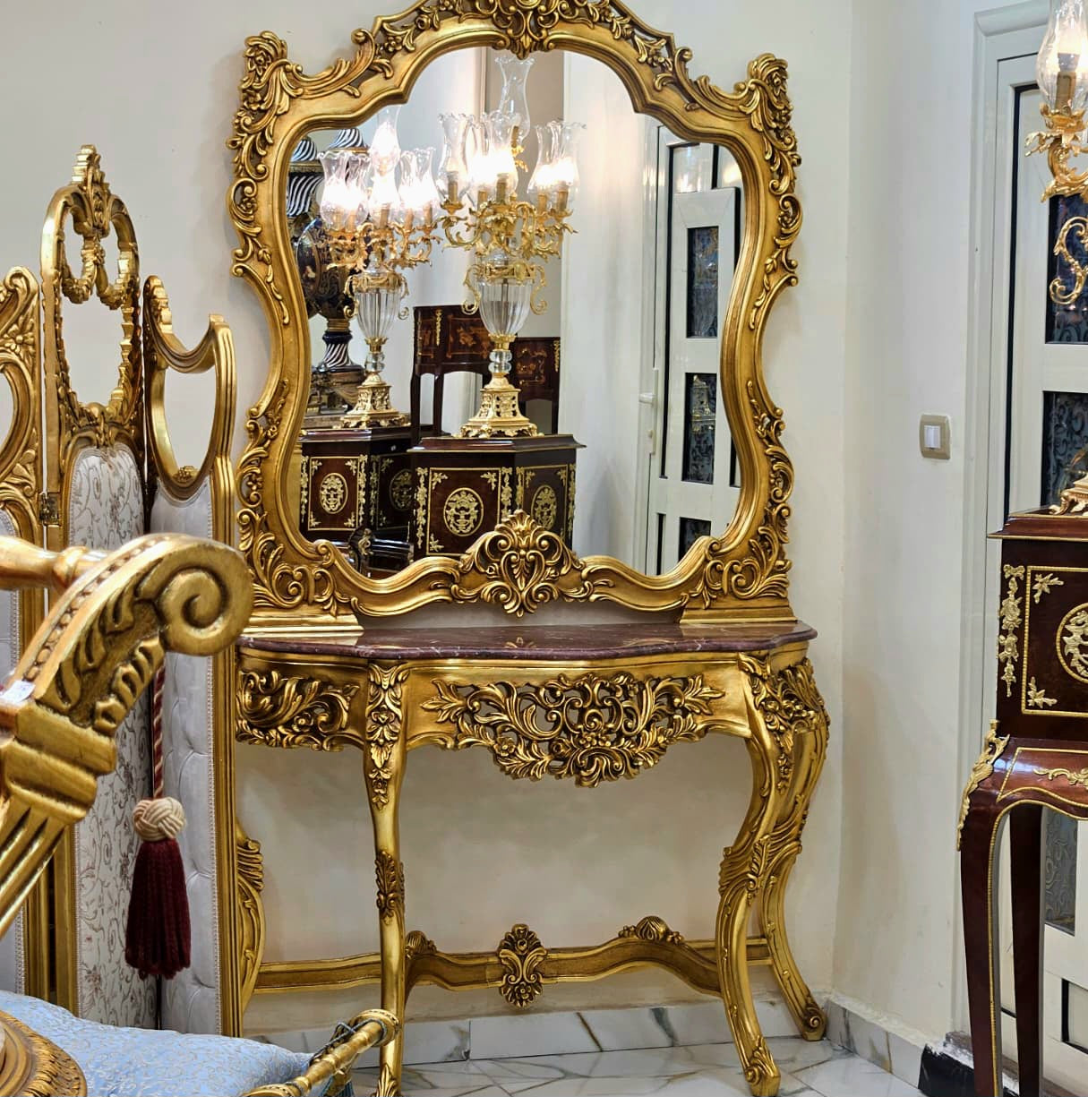 Majestic Hand-Carved Rococo Vanity Set with Unique Marble Top, Ornate Mirror & Gold Leaf Console Table