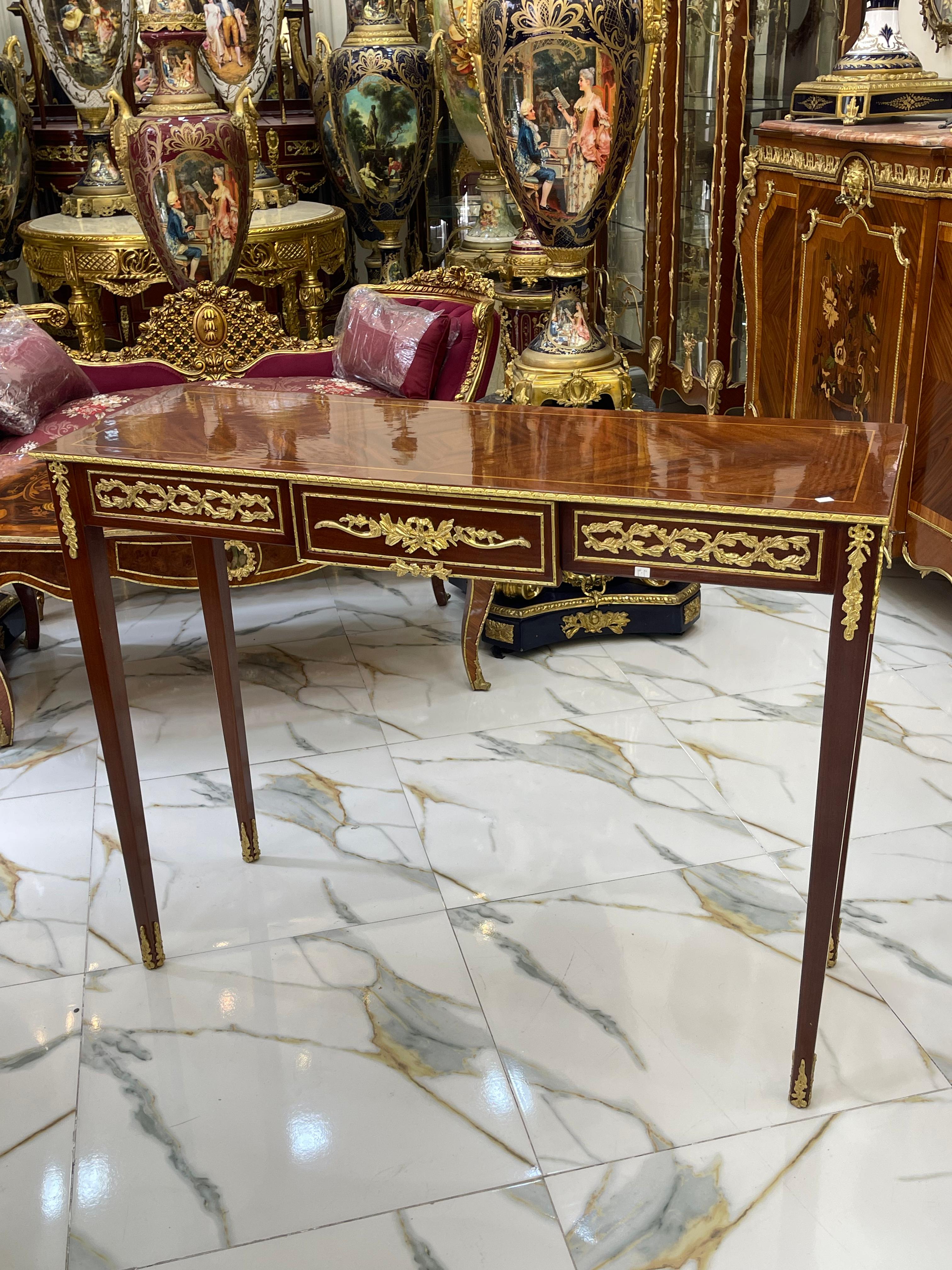 Vintage French Style Console Table / Desk – Handcrafted Brown Finish with Gold Leaf Trim, 35"H x 44"W x 15"D