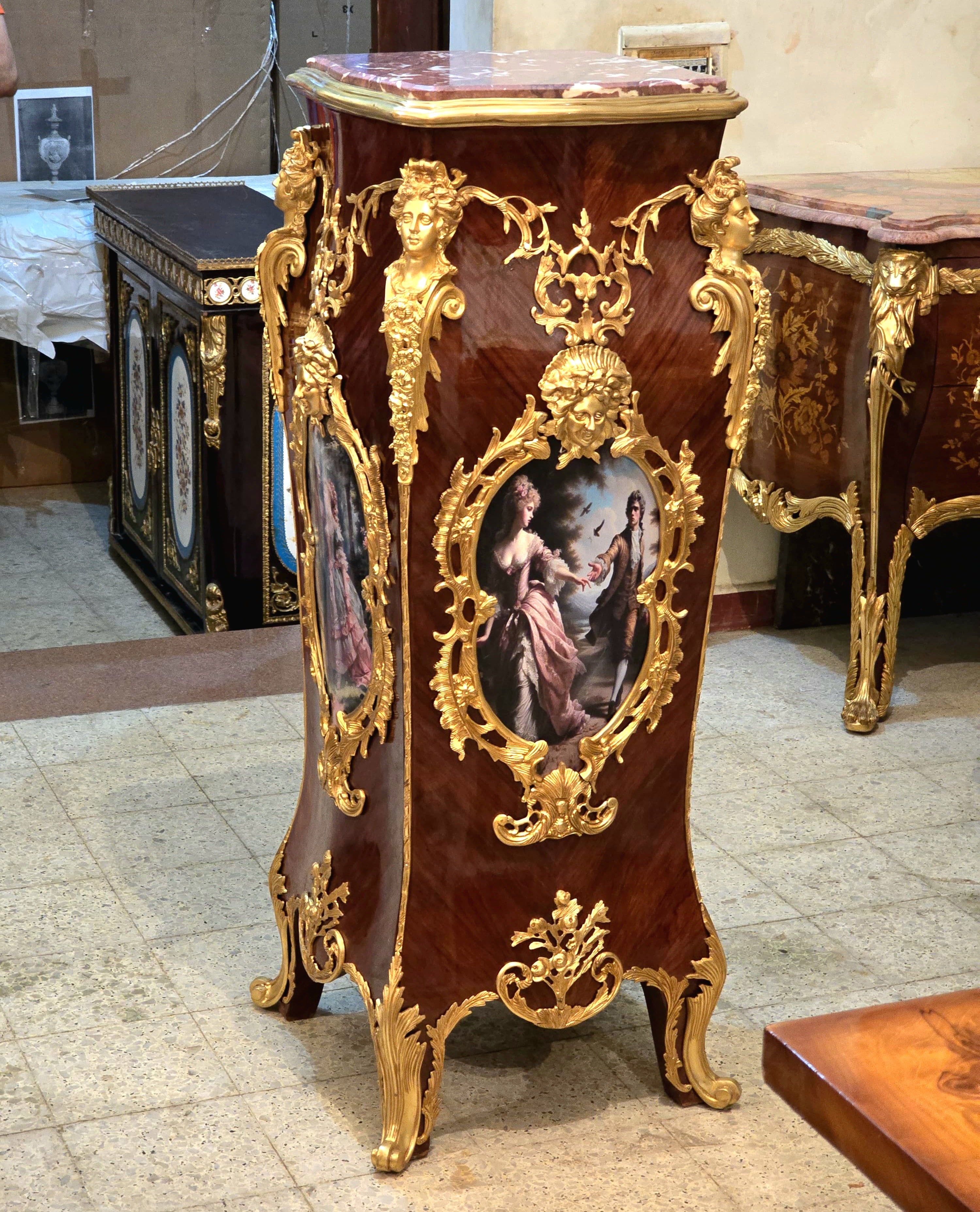 French Rococo Pedestal with Romantic Artwork, Bronze Mounts & Gold Leaf Details