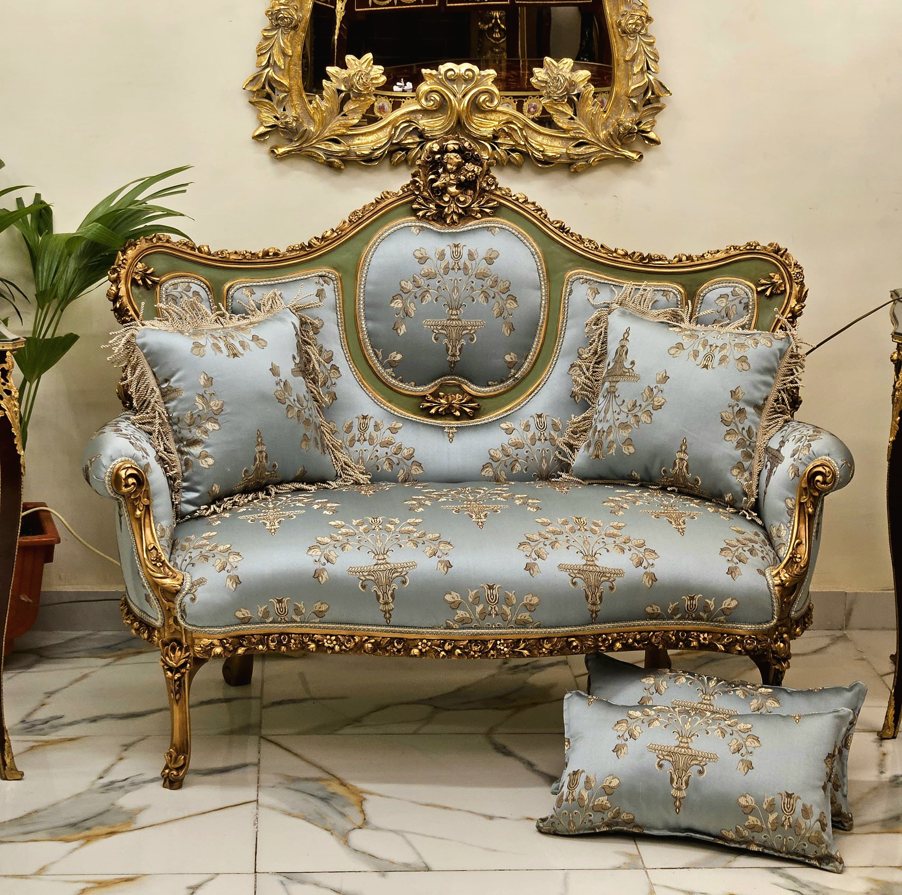 French Rococo Sky Blue Sofa – Hand-Carved Gold Leaf Frame, Luxury Statement Piece