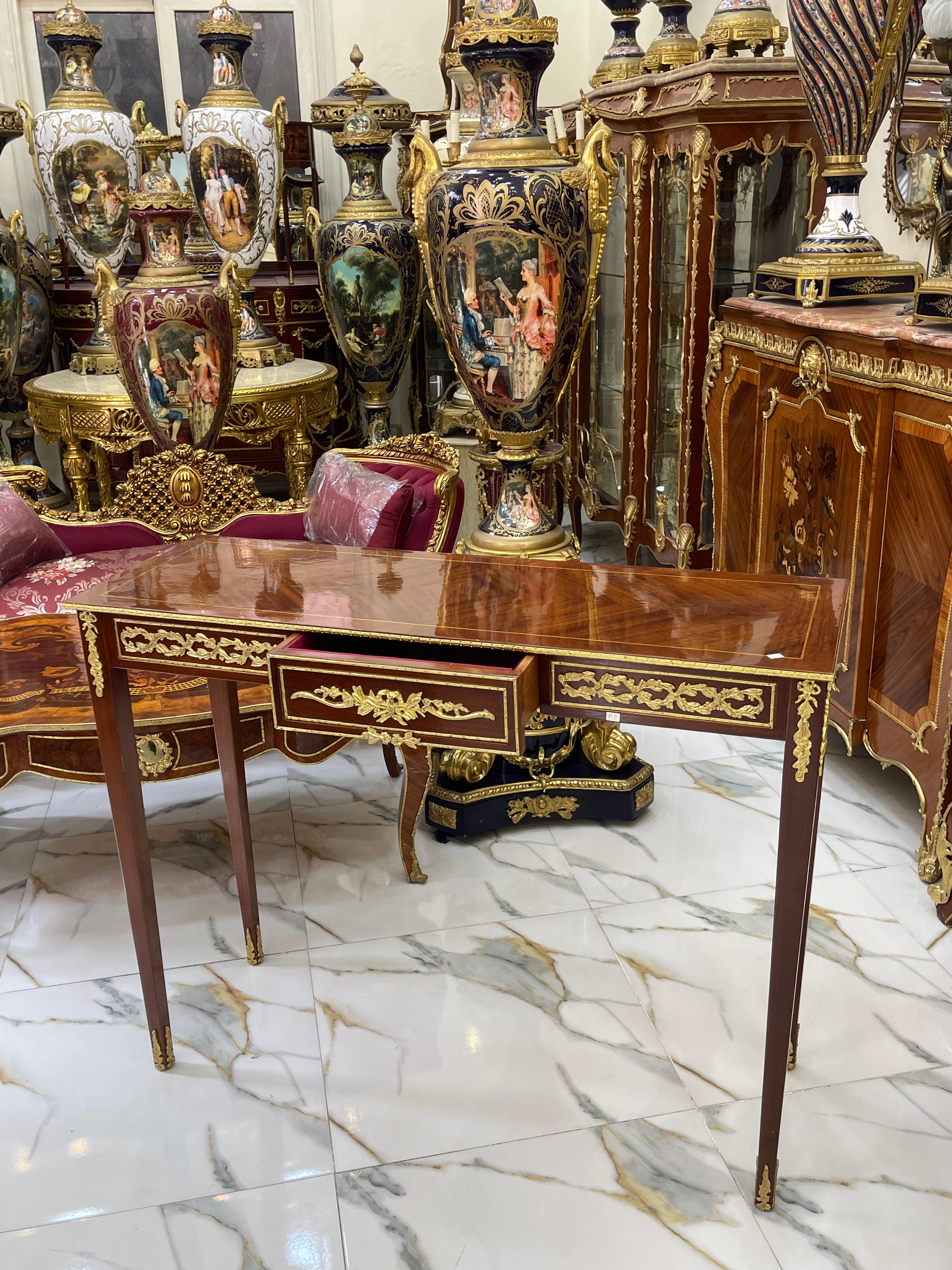 Vintage French Style Console Table / Desk – Handcrafted Brown Finish with Gold Leaf Trim, 35"H x 44"W x 15"D