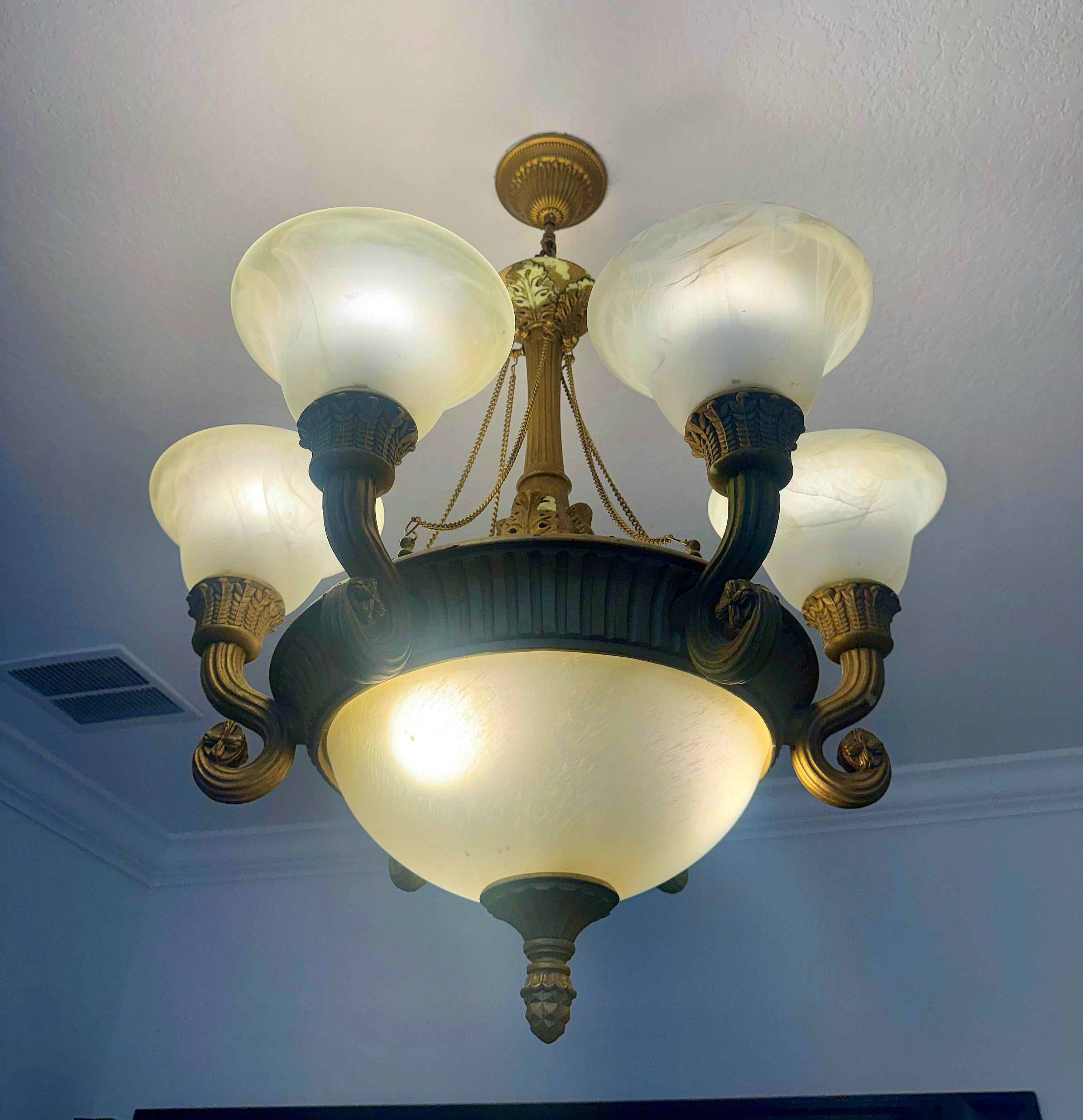 French Empire Vintage 26"H Set of 2 (ceiling to bottom 32”) Neoclassical Alabaster & Heavy Gilded Brass Chandelier 9 Bulbs