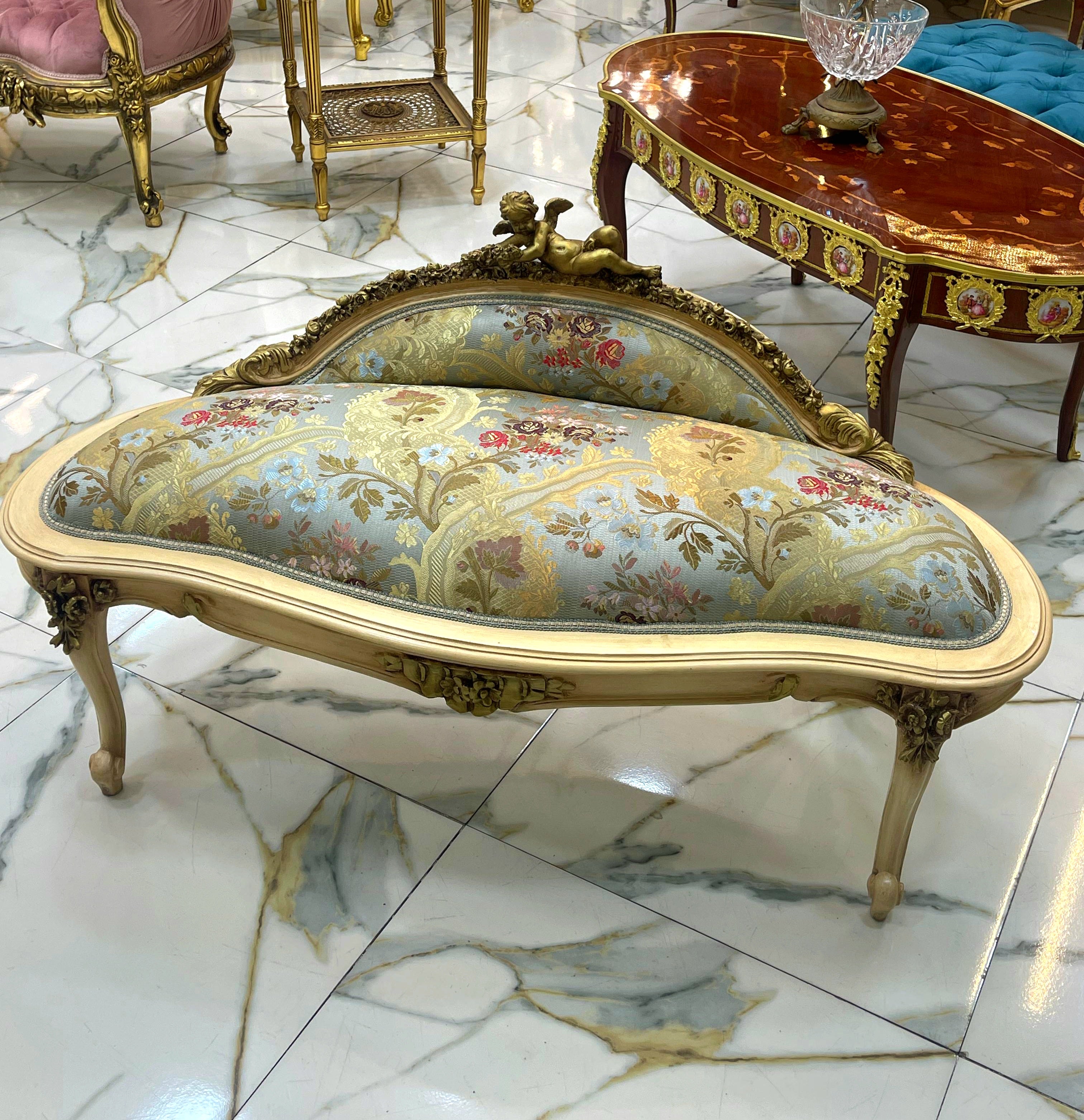 Vintage French Rococo Sky Blue Settee – Gold Leaf Frame, Ornate Cherub Top, Damask Upholstery
