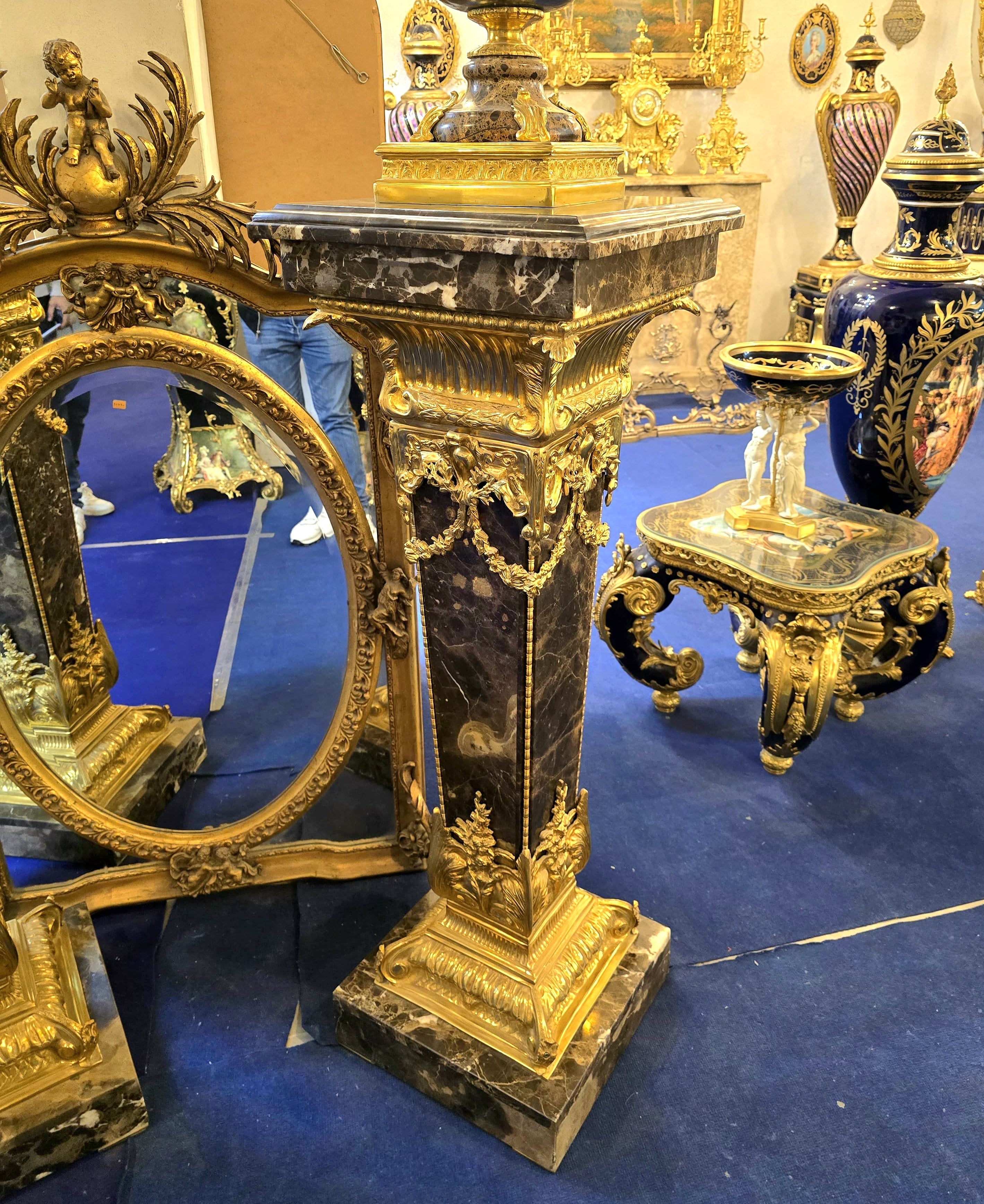 Magnificent Louis XVI-Style Black Porcelain Decorative Centerpiece with Gold Leaf Floral Details & Gilded Bronze Accents