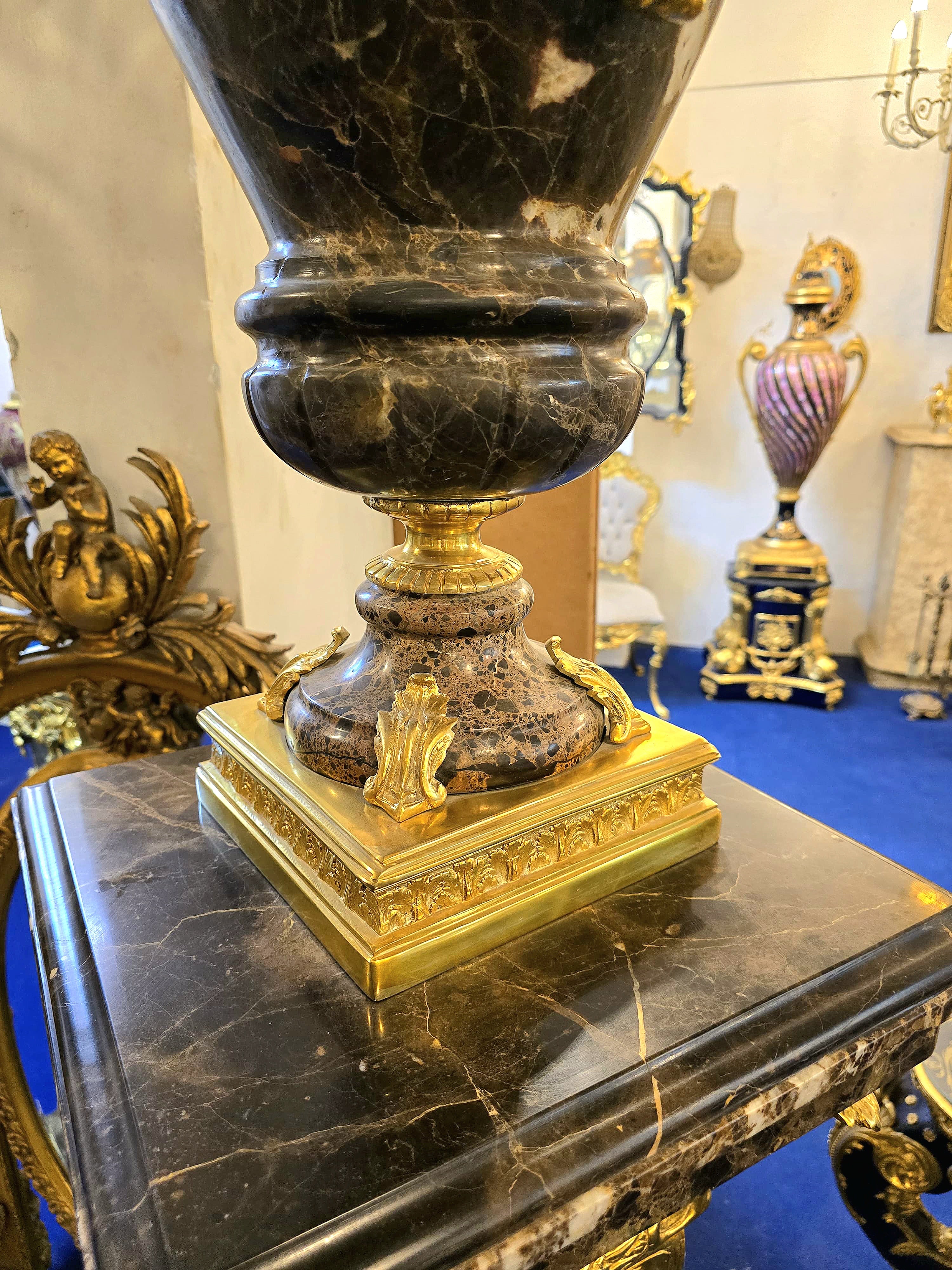 Magnificent Louis XVI-Style Black Porcelain Decorative Centerpiece with Gold Leaf Floral Details & Gilded Bronze Accents
